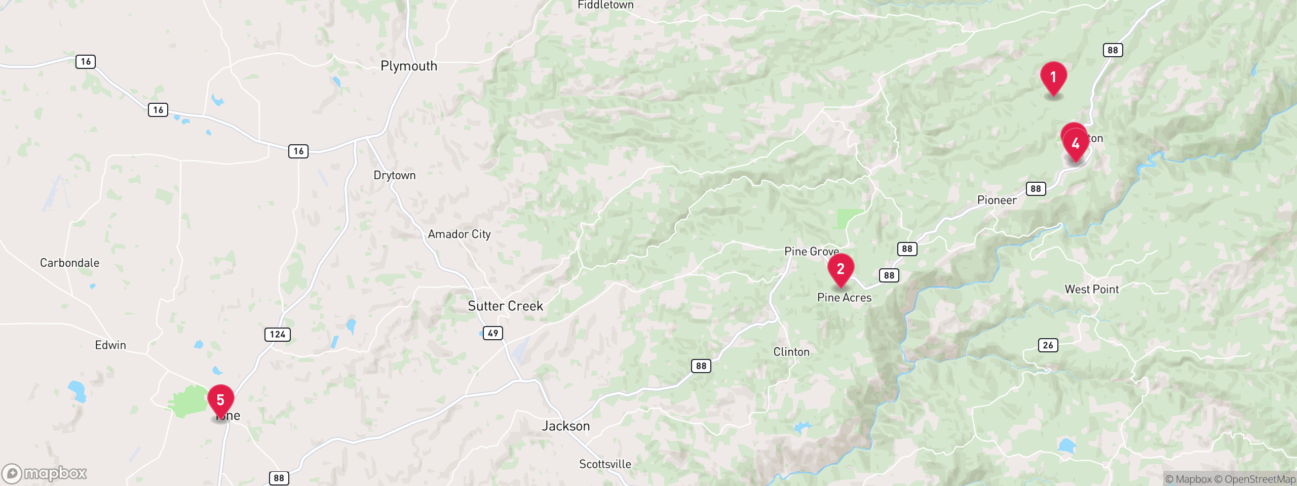 Map of 5 sample trustee sale properties in Amador County, numbered to match the table