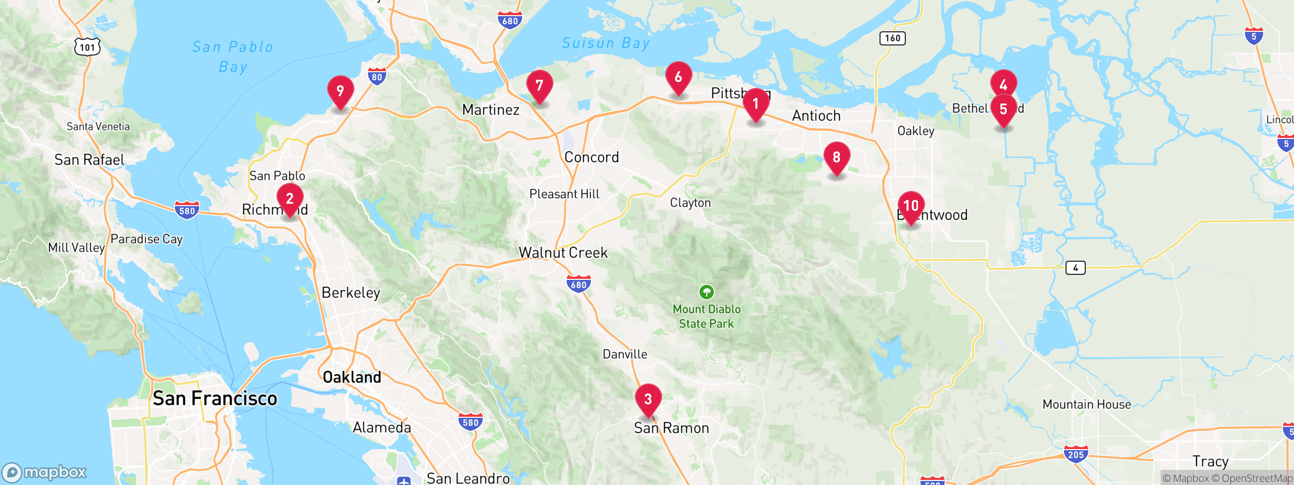 Map of 10 sample trustee sale properties in Contra Costa County, numbered to match the table