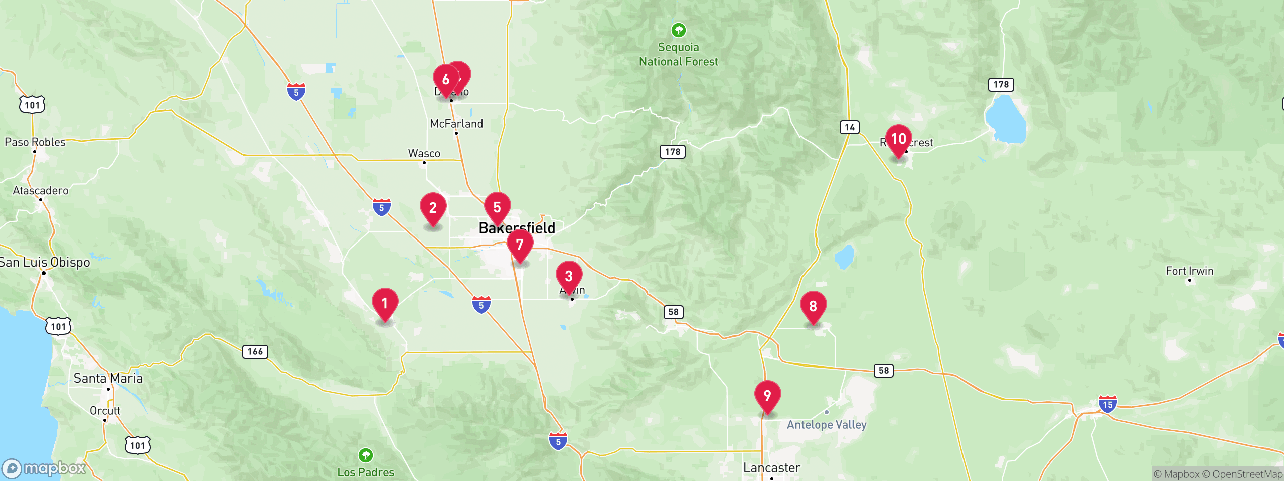 Map of 10 sample trustee sale properties in Kern County, numbered to match the table