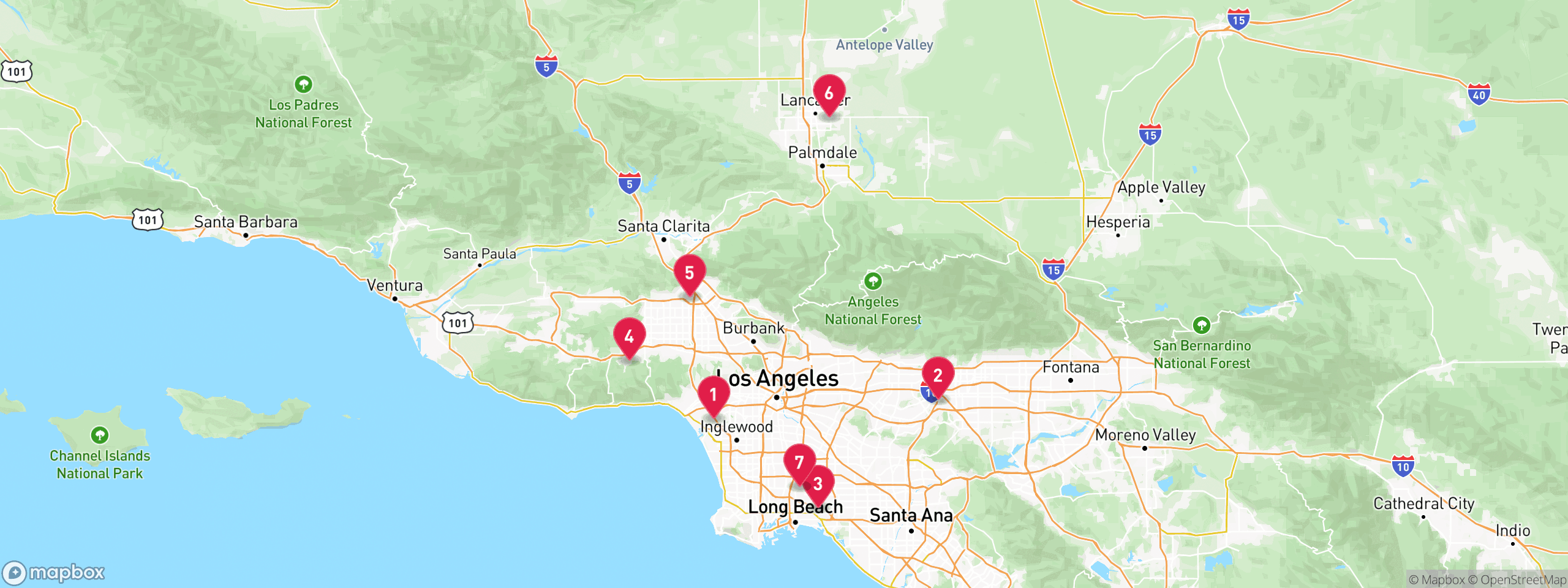 Map of 7 sample trustee sale properties in Los Angeles County, numbered to match the table