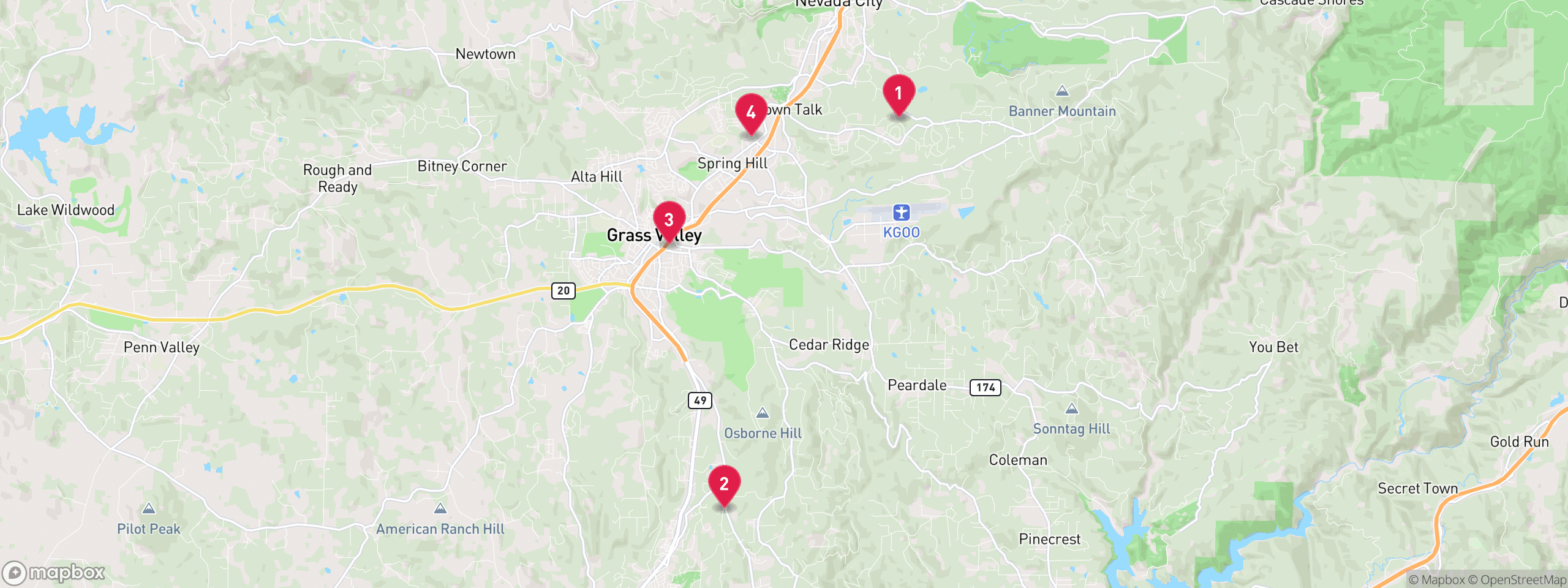 Map of 4 sample trustee sale properties in Nevada County, numbered to match the table