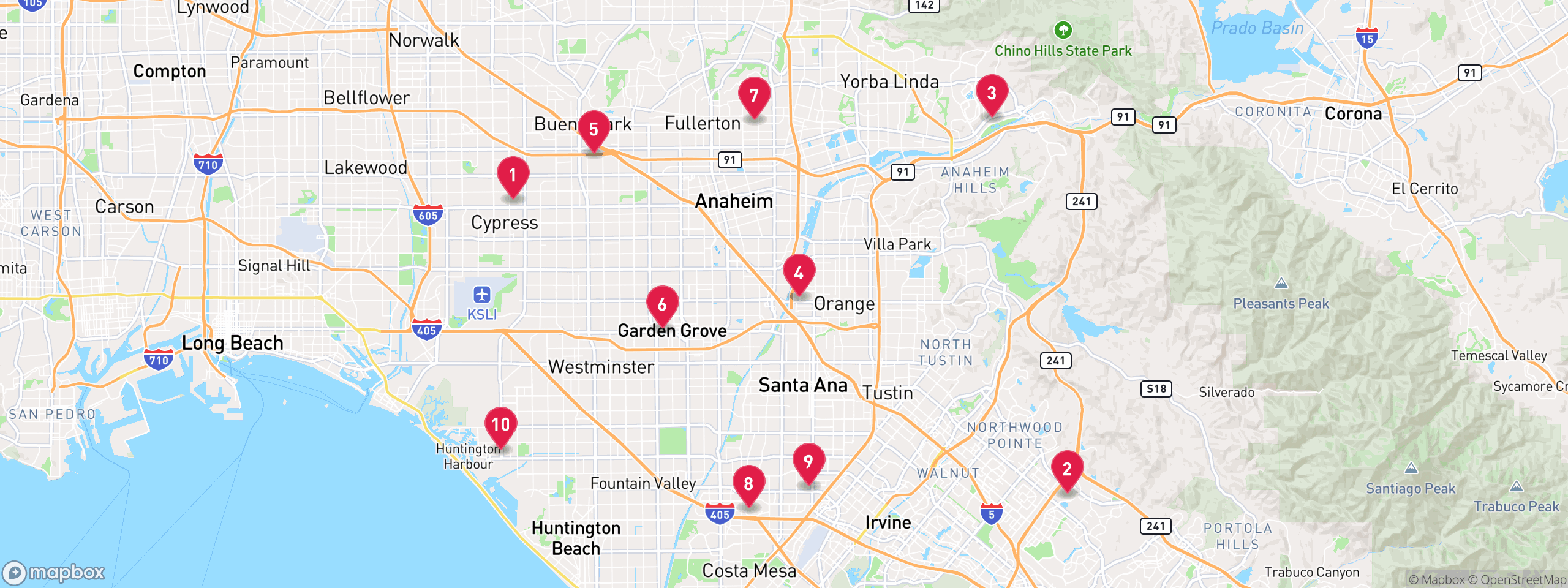 Map of 10 sample trustee sale properties in Orange County, numbered to match the table