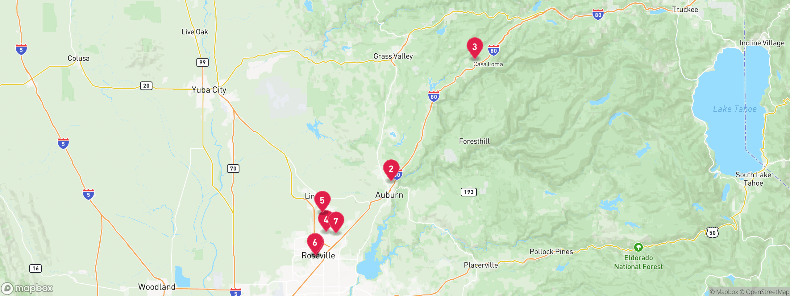 Map of 7 sample trustee sale properties in Placer County, numbered to match the table