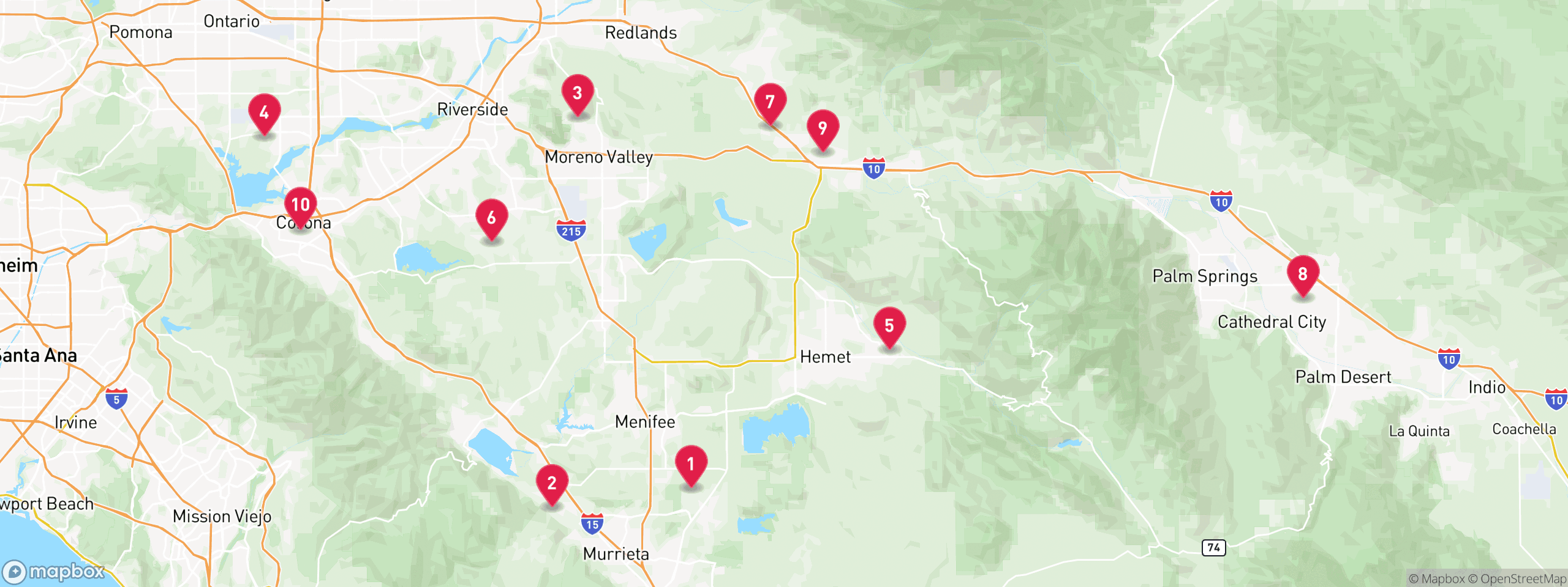 Map of 10 sample trustee sale properties in Riverside County, numbered to match the table
