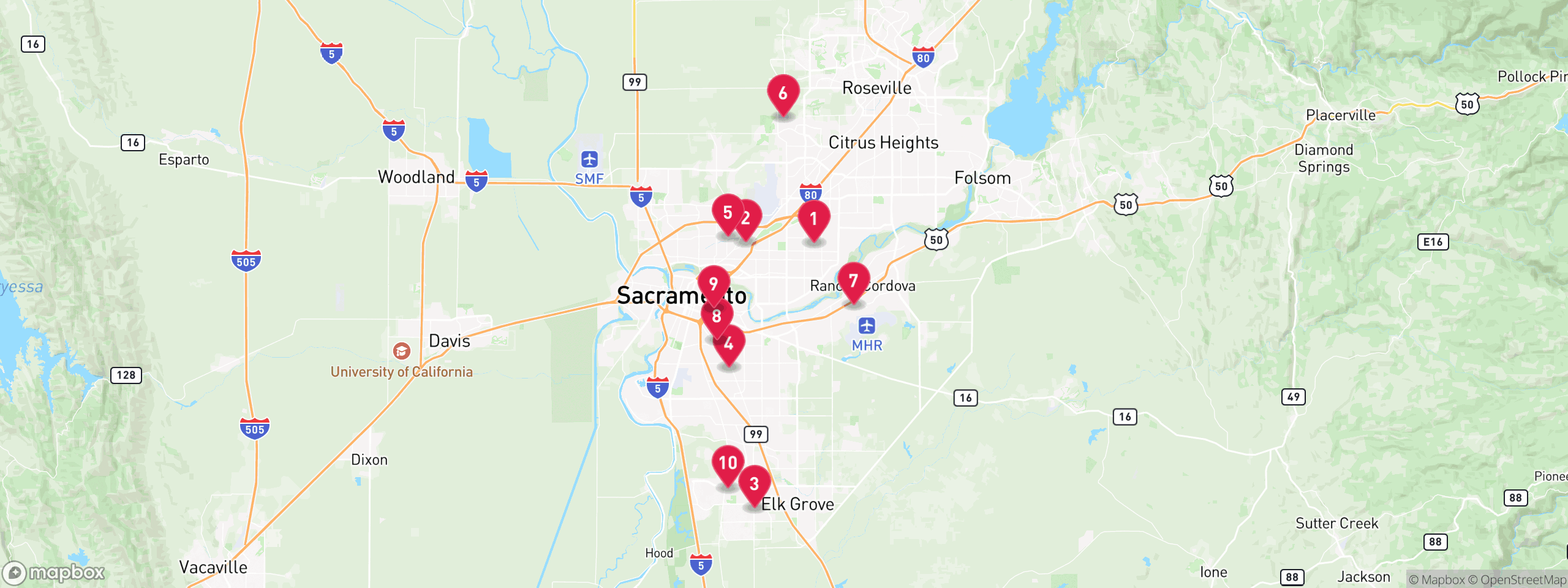 Map of 10 sample trustee sale properties in Sacramento County, numbered to match the table