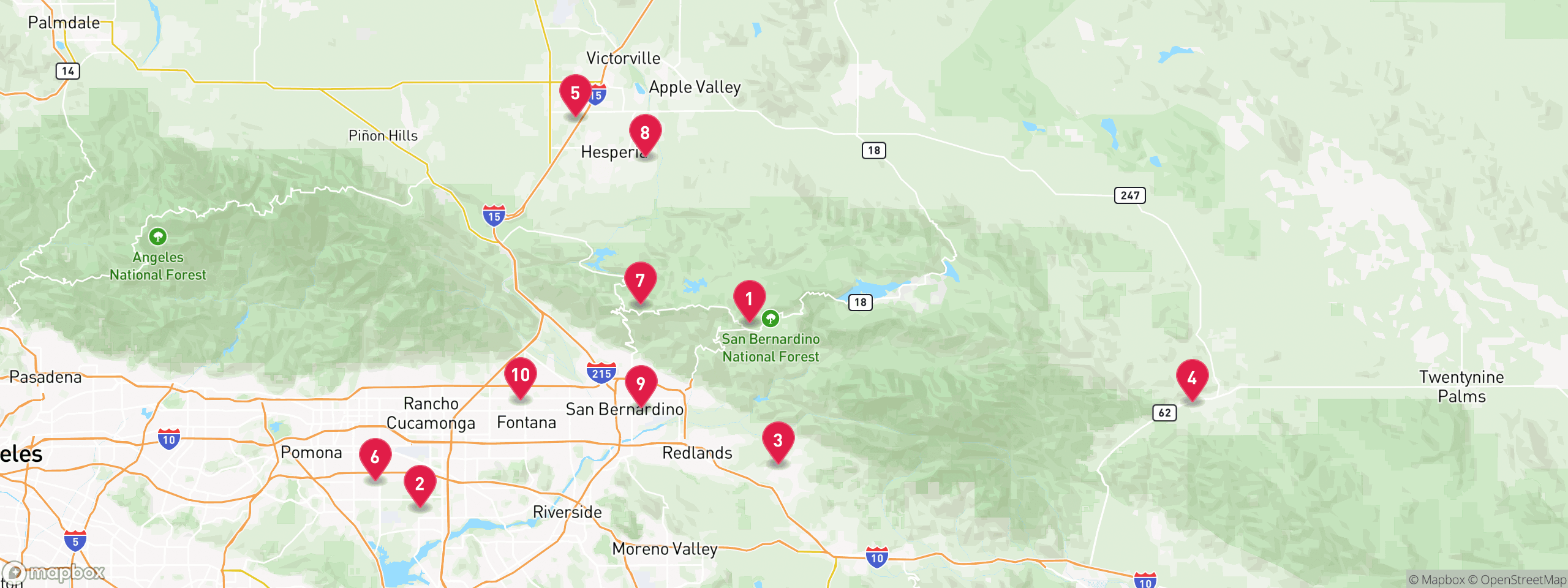 Map of 10 sample trustee sale properties in San Bernardino County, numbered to match the table