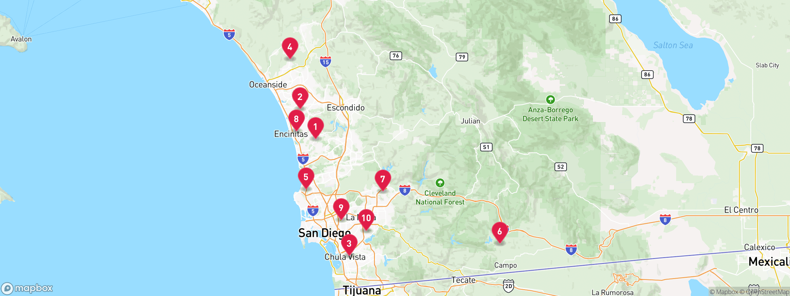 Map of 10 sample trustee sale properties in San Diego County, numbered to match the table