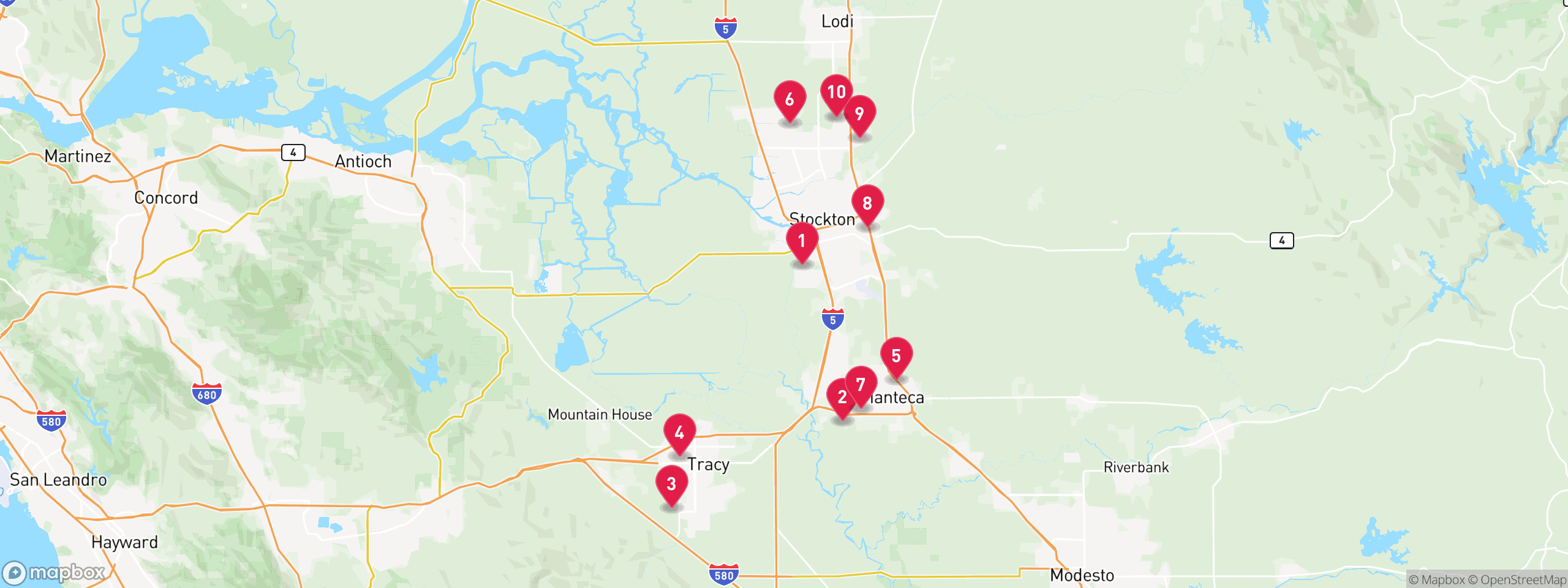 Map of 10 sample trustee sale properties in San Joaquin County, numbered to match the table