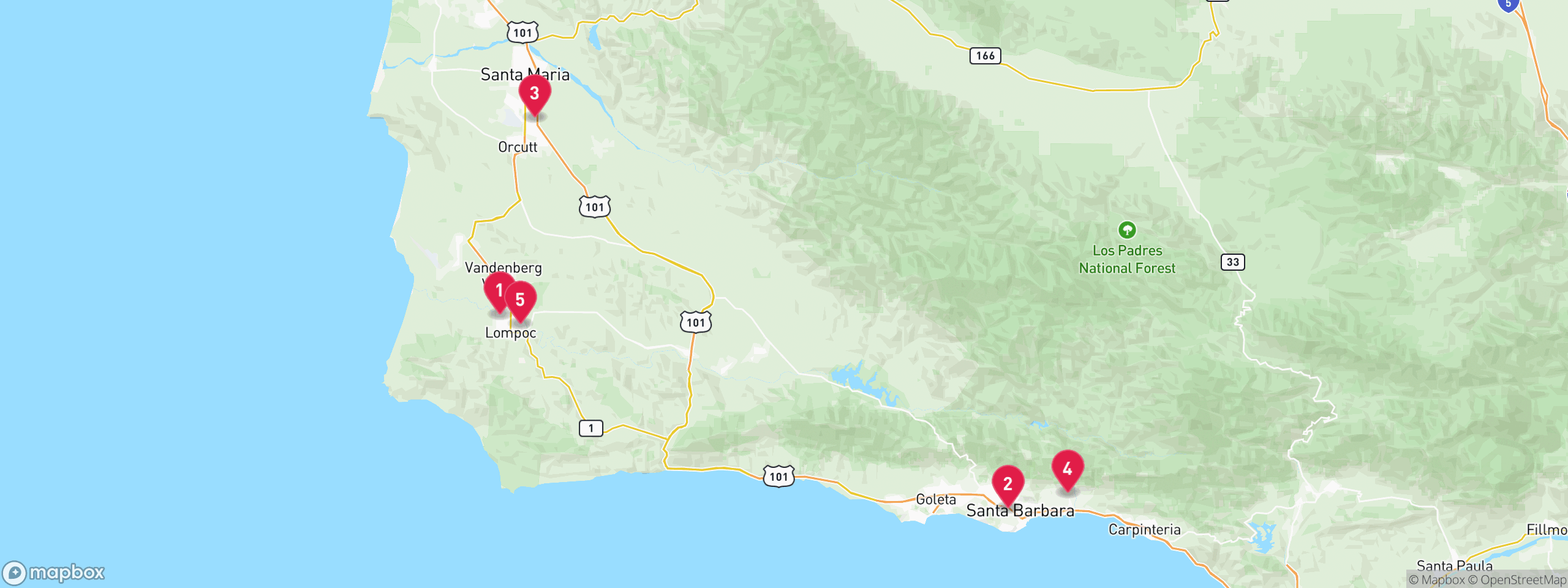 Map of 5 sample trustee sale properties in Santa Barbara County, numbered to match the table