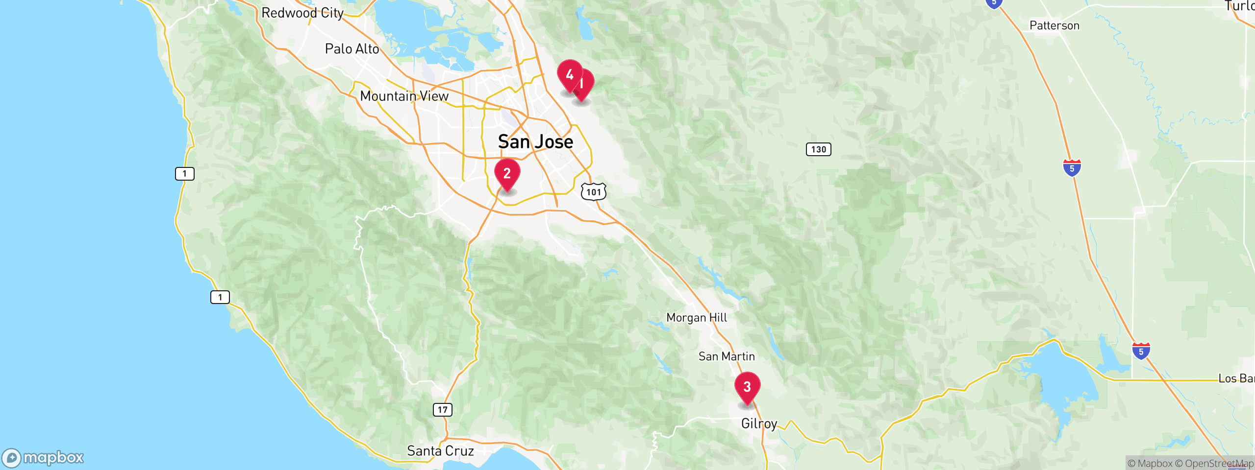 Map of 4 sample trustee sale properties in Santa Clara County, numbered to match the table