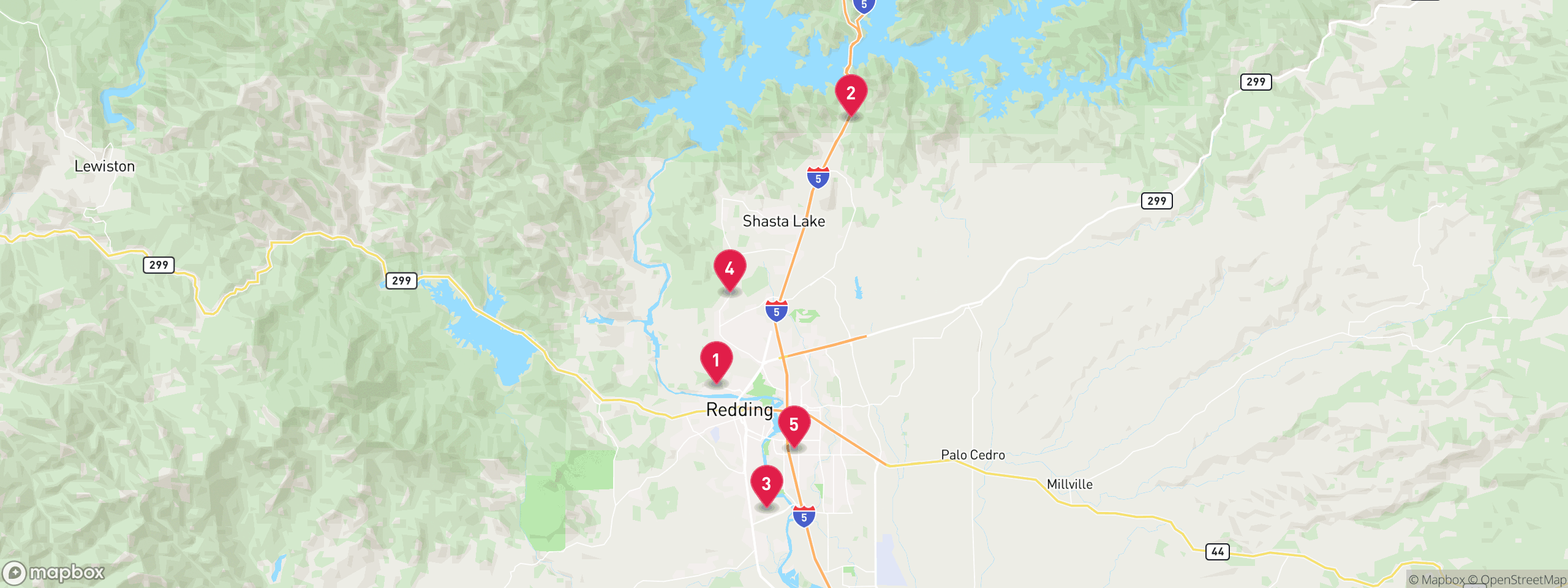 Map of 5 sample trustee sale properties in Shasta County, numbered to match the table