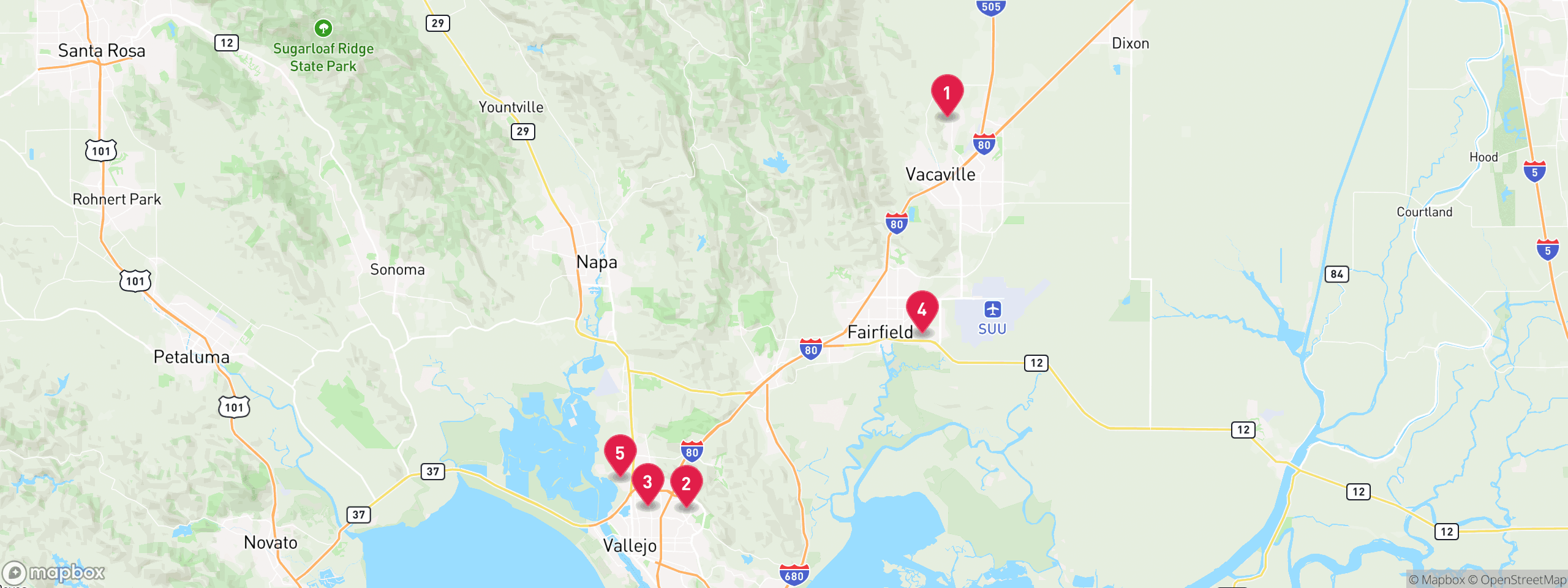 Map of 5 sample trustee sale properties in Solano County, numbered to match the table