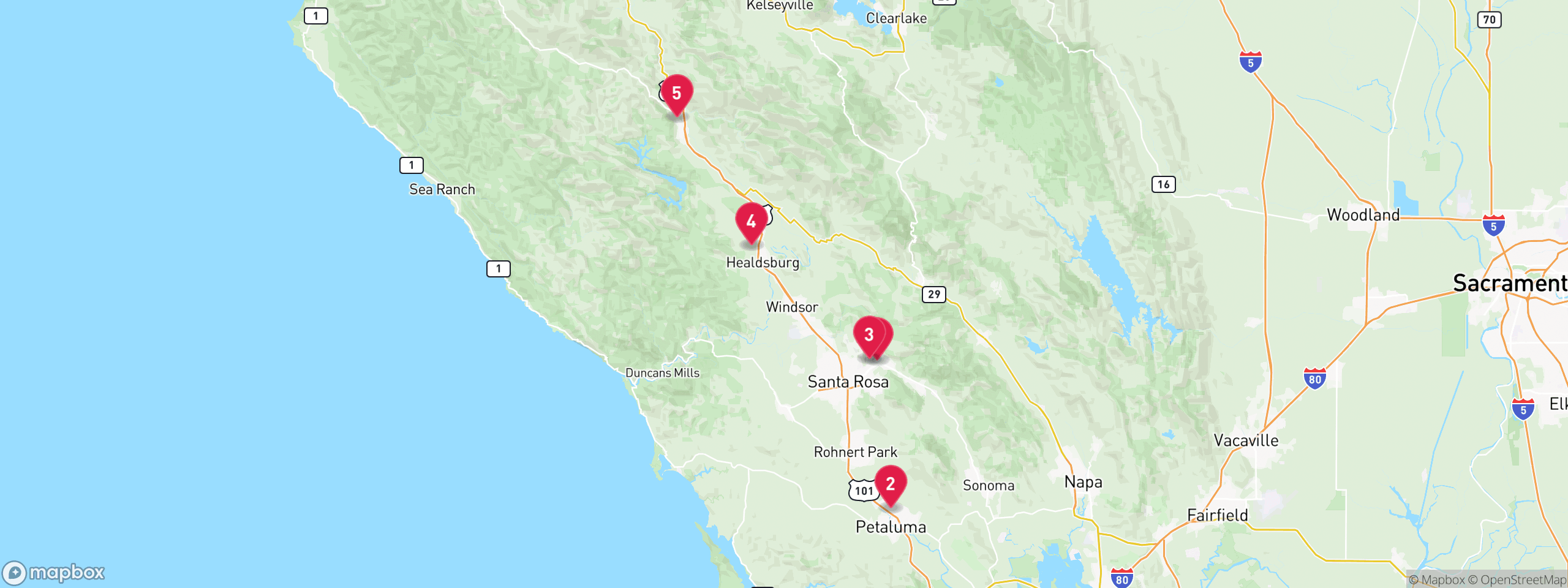 Map of 5 sample trustee sale properties in Sonoma County, numbered to match the table