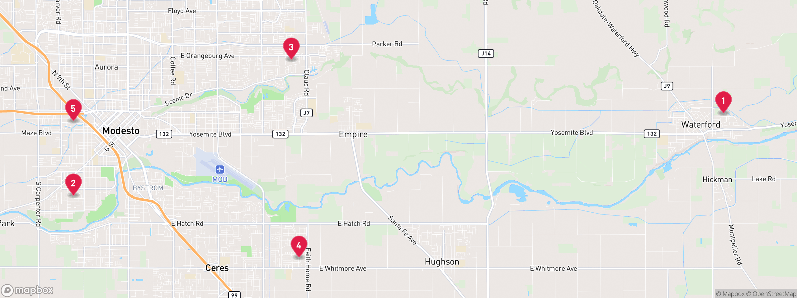 Map of 5 sample trustee sale properties in Stanislaus County, numbered to match the table