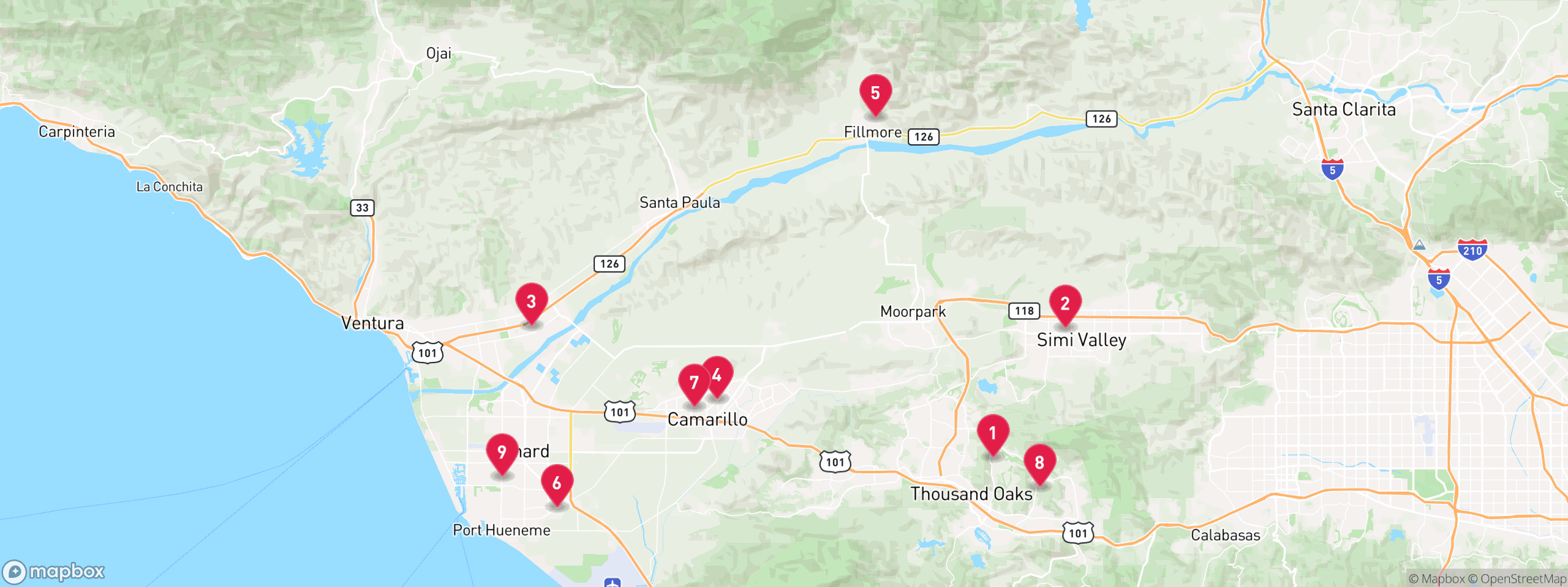 Map of 9 sample trustee sale properties in Ventura County, numbered to match the table