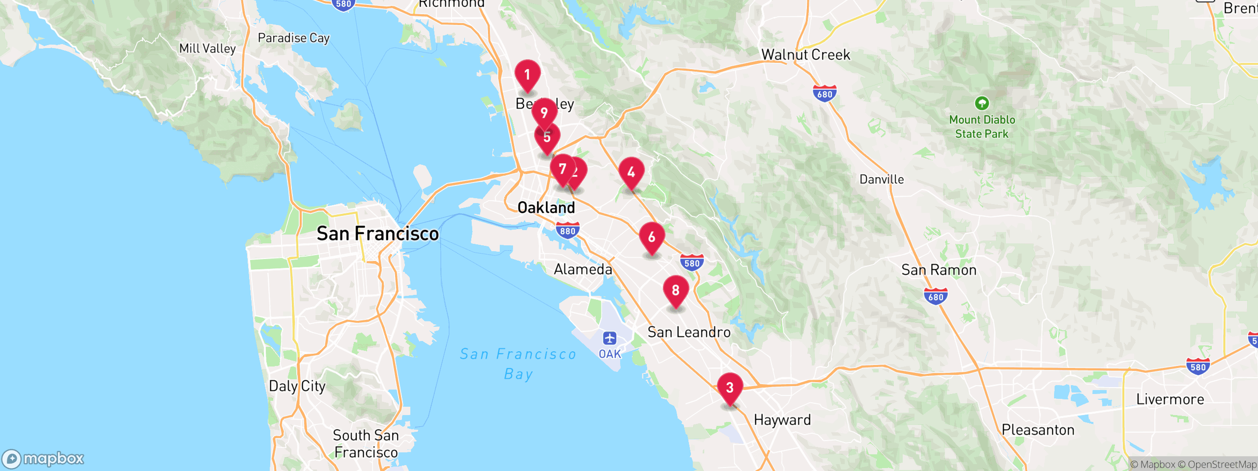 Map of 9 sample utility lien properties in Alameda County, numbered to match the table