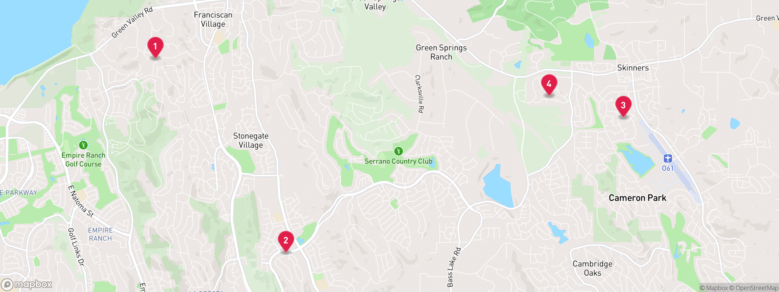 Map of 4 sample utility lien properties in El Dorado County, numbered to match the table