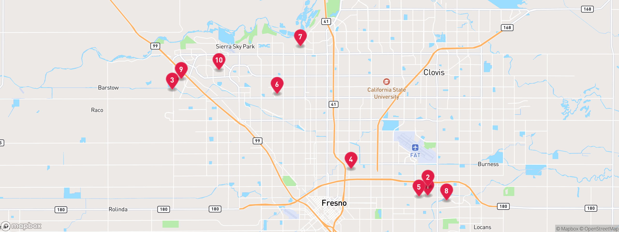 Map of 10 sample utility lien properties in Fresno County, numbered to match the table