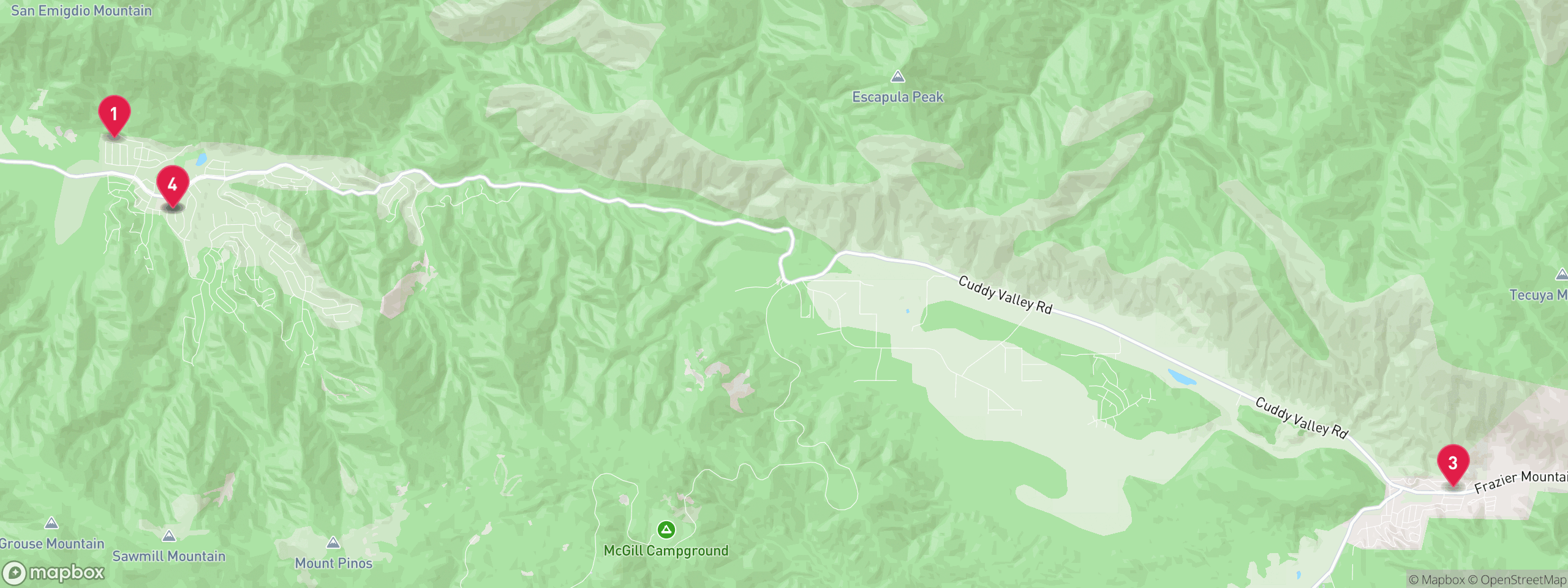 Map of 4 sample utility lien properties in Kern County, numbered to match the table