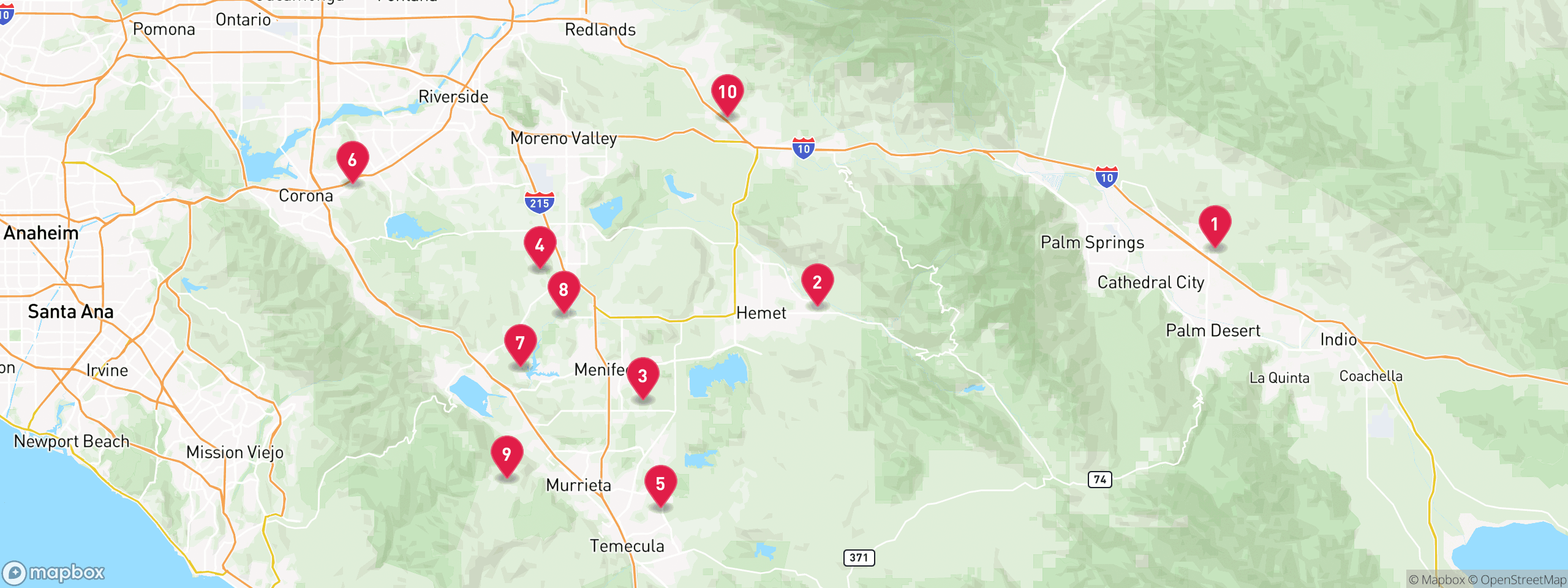 Map of 10 sample utility lien properties in Riverside County, numbered to match the table