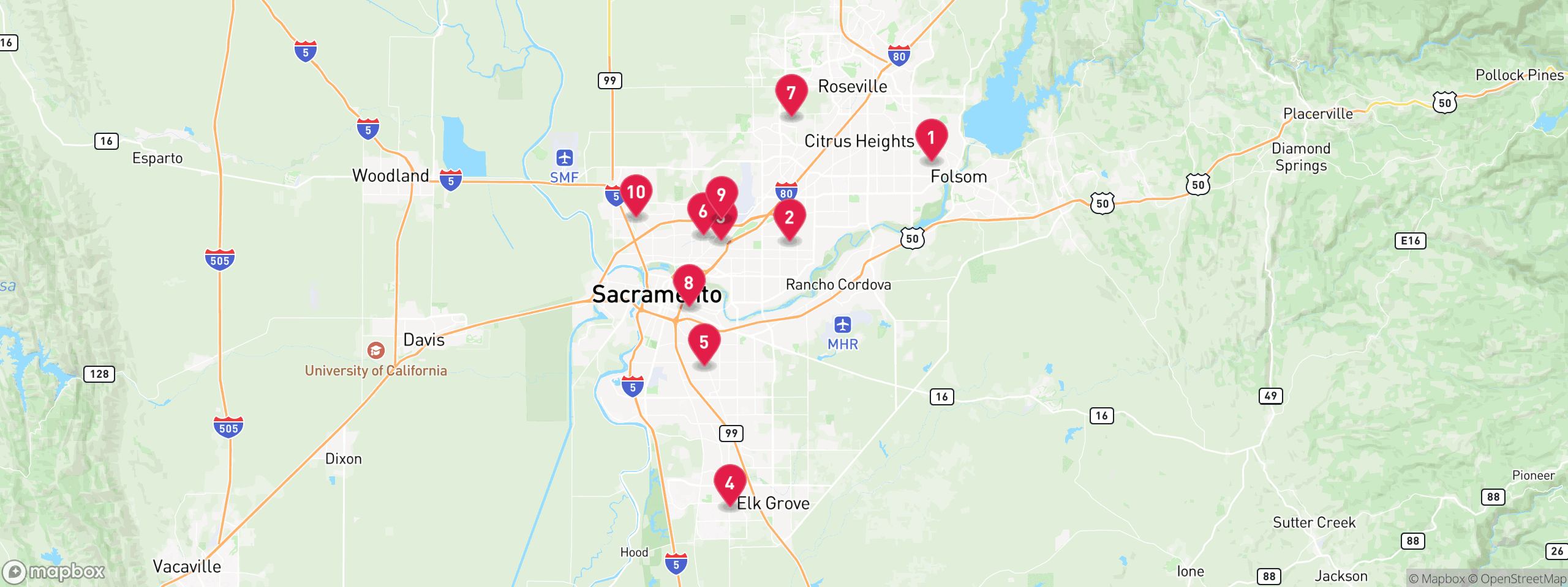 Map of 10 sample utility lien properties in Sacramento County, numbered to match the table