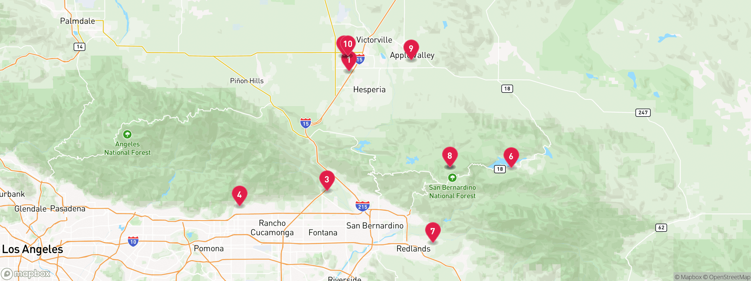 Map of 10 sample utility lien properties in San Bernardino County, numbered to match the table