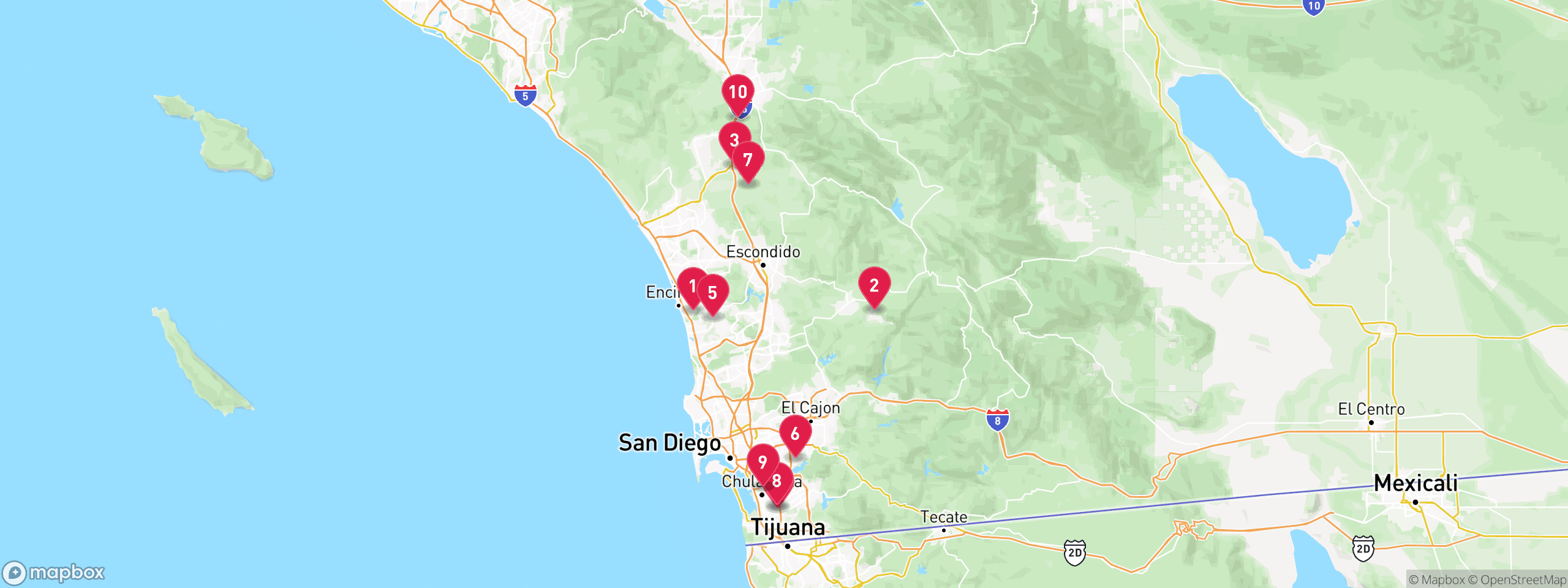 Map of 10 sample utility lien properties in San Diego County, numbered to match the table