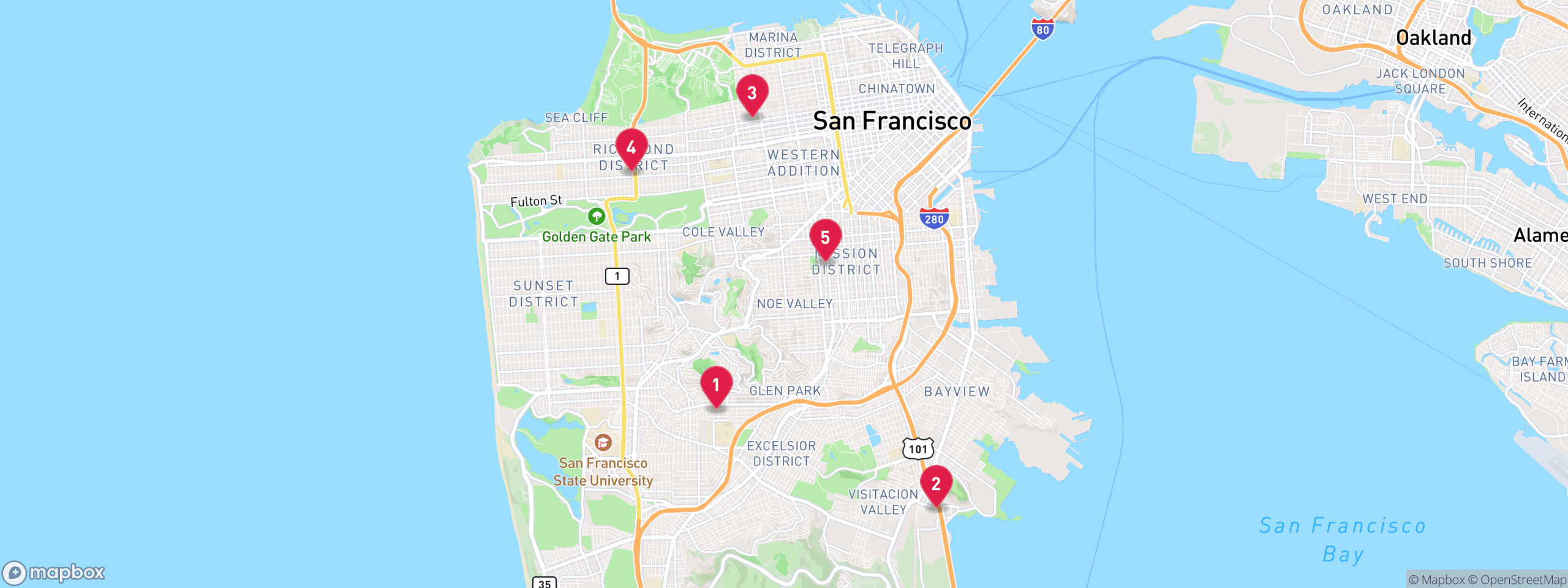 Map of 5 sample utility lien properties in San Francisco County, numbered to match the table