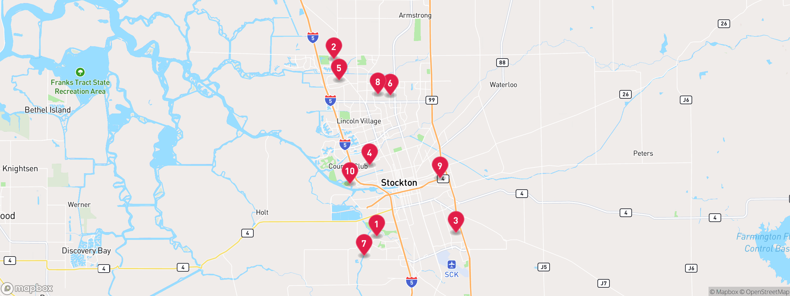 Map of 10 sample utility lien properties in San Joaquin County, numbered to match the table