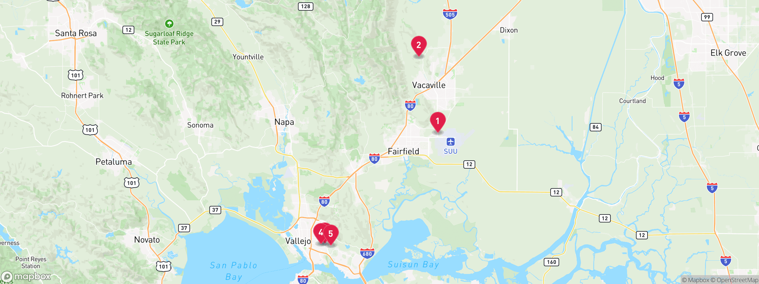Map of 5 sample utility lien properties in Solano County, numbered to match the table