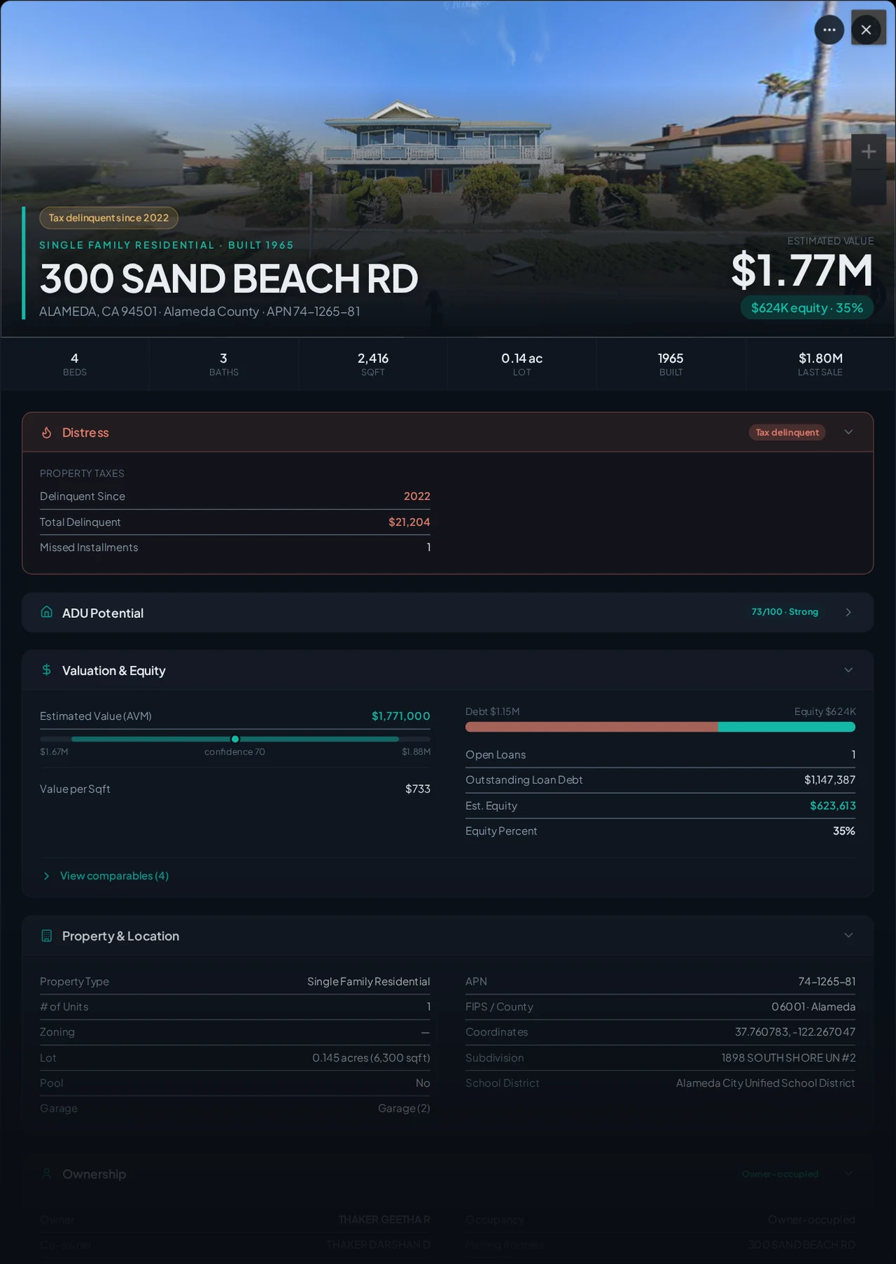A real Alameda, California tax-delinquent property record in Properant — unpaid taxes, liens, owner, loans and equity on one page