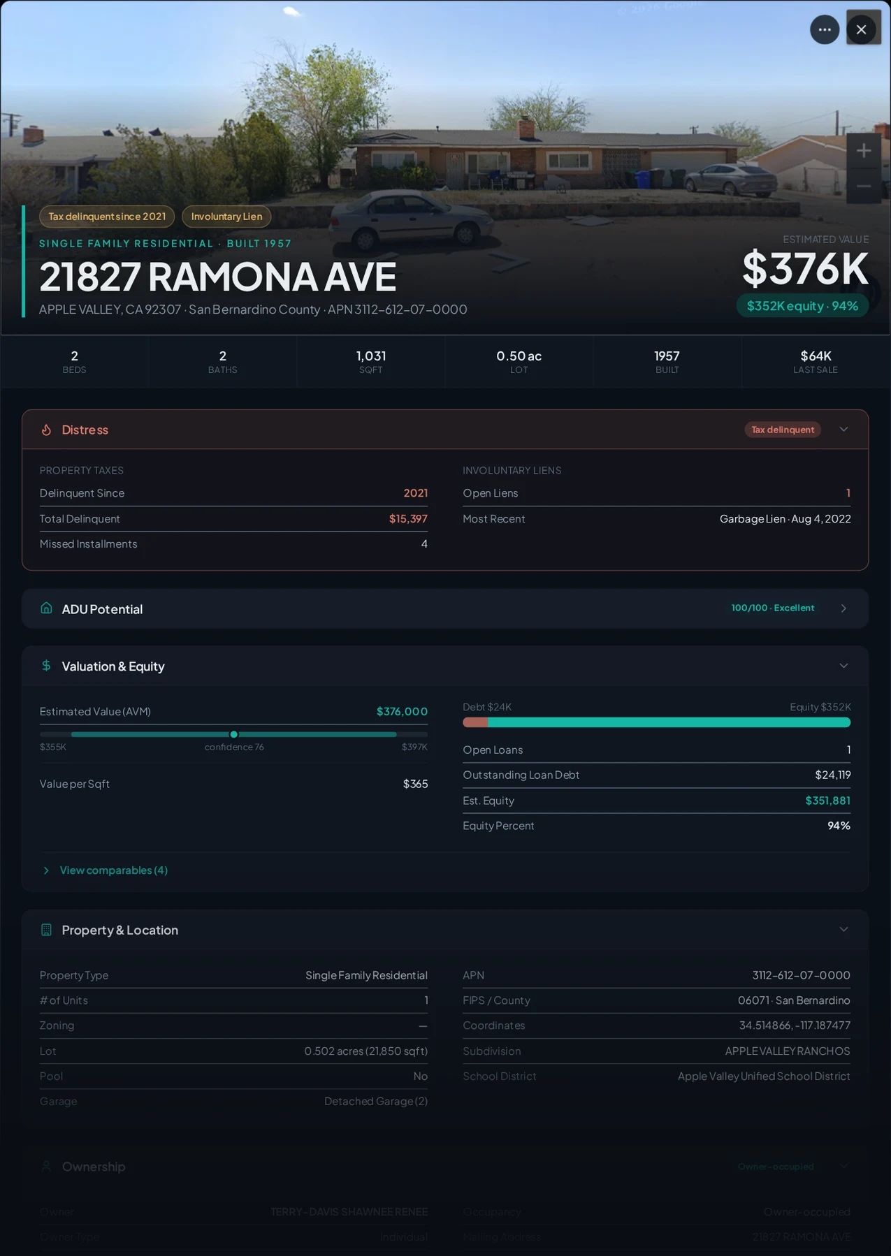 A real Apple Valley, California tax-delinquent property record in Properant — unpaid taxes, liens, owner, loans and equity on one page