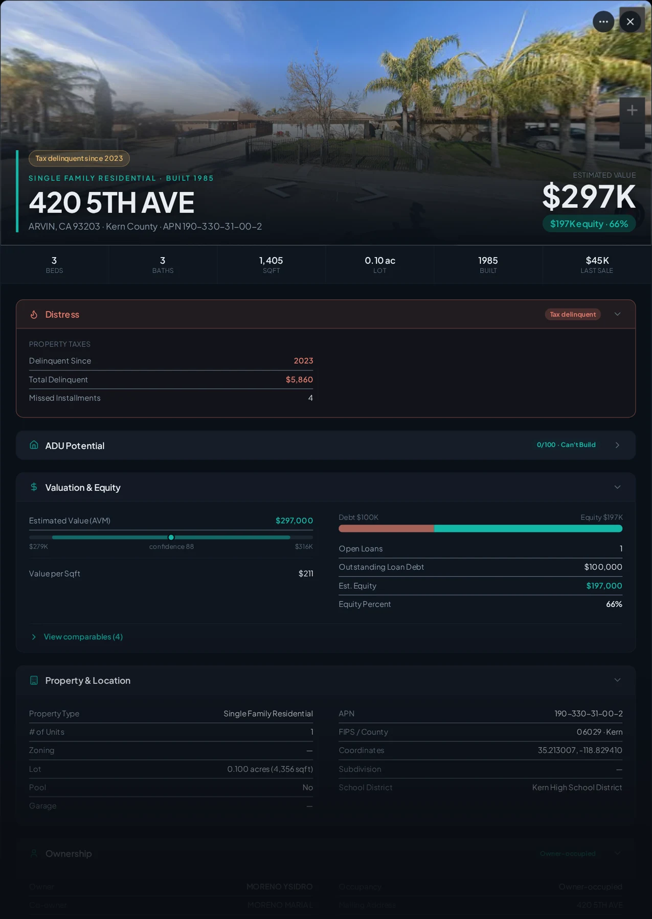 A real Arvin, California tax-delinquent property record in Properant — unpaid taxes, liens, owner, loans and equity on one page