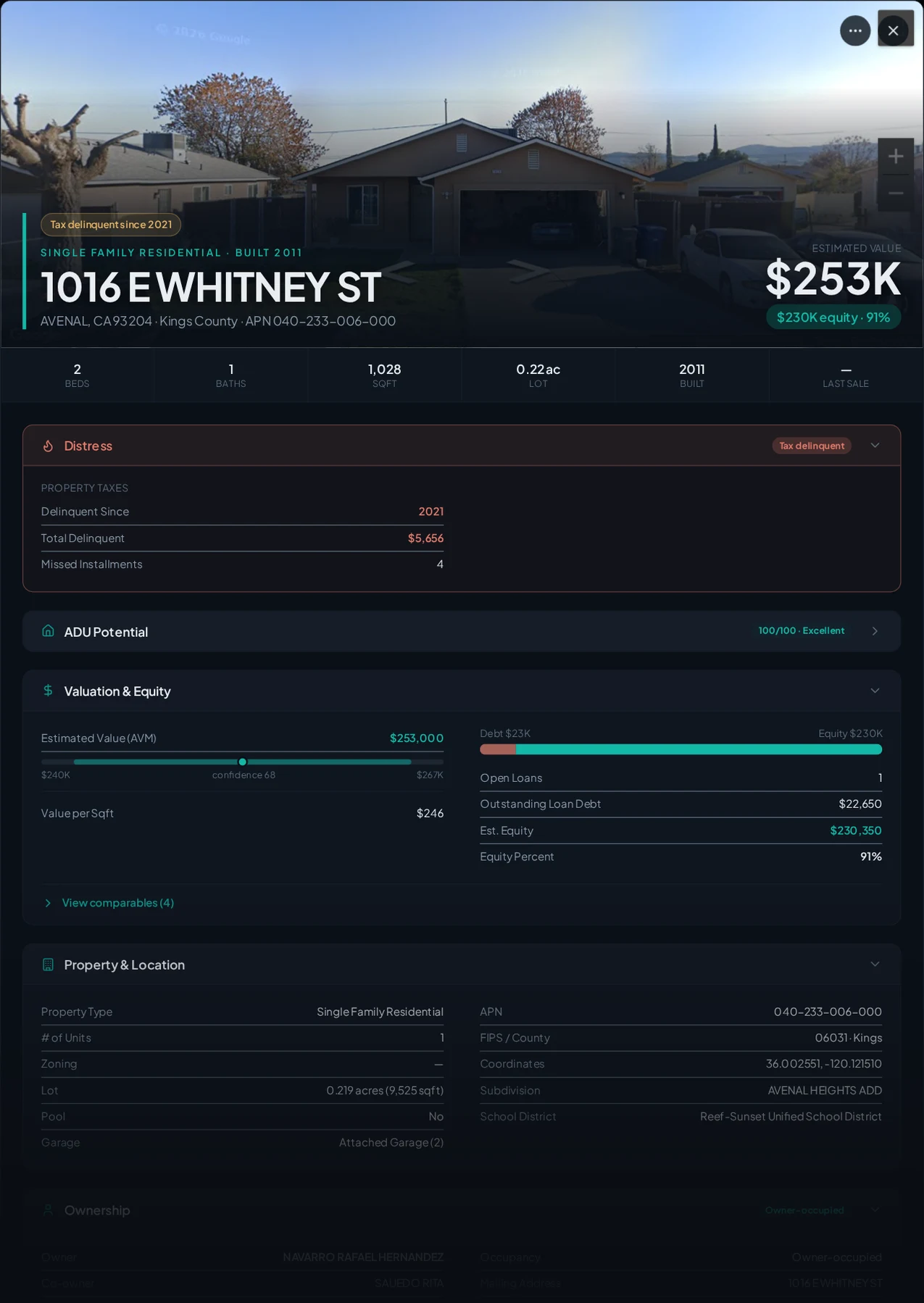 A real Avenal, California tax-delinquent property record in Properant — unpaid taxes, liens, owner, loans and equity on one page