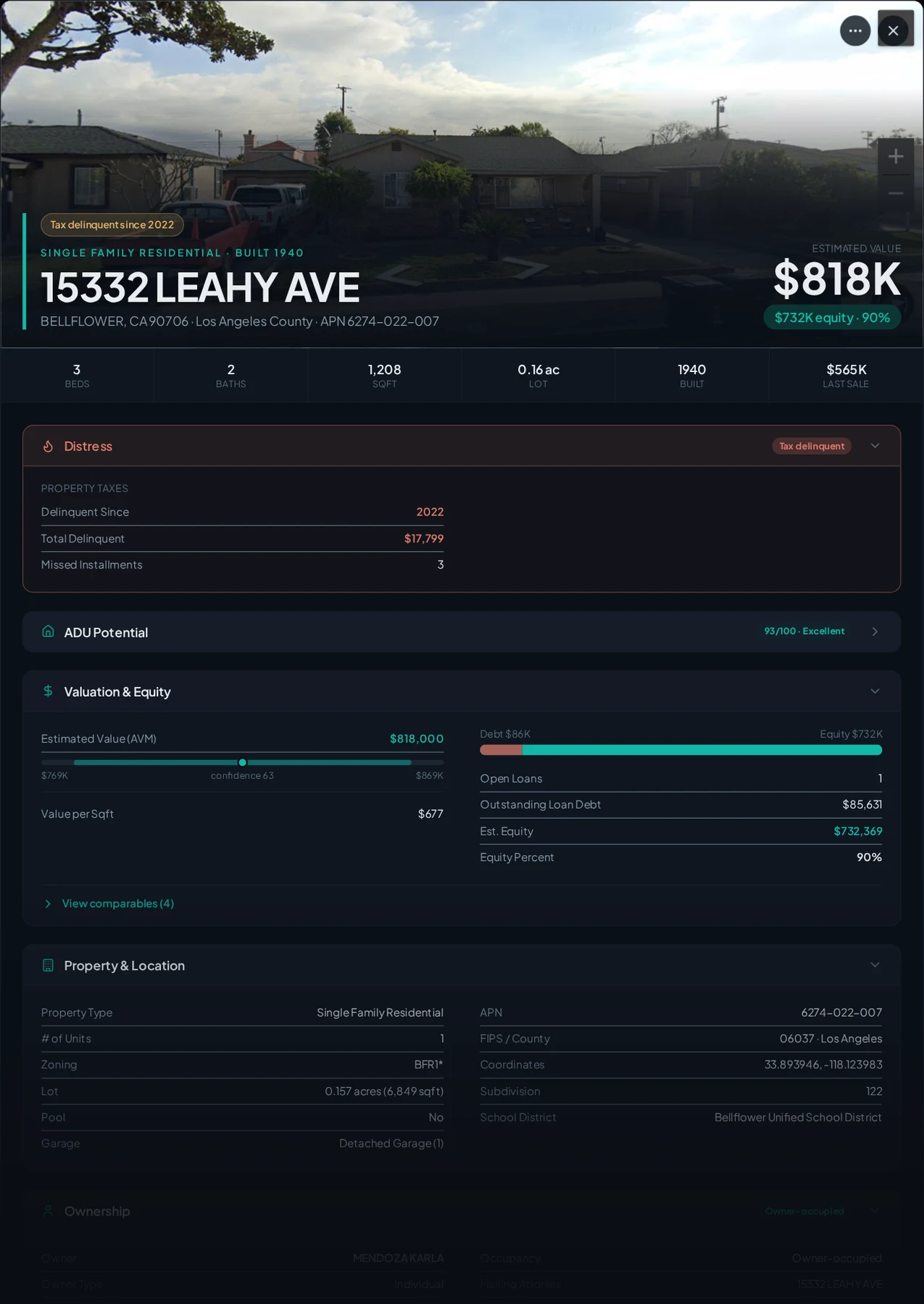 A real Bellflower, California tax-delinquent property record in Properant — unpaid taxes, liens, owner, loans and equity on one page