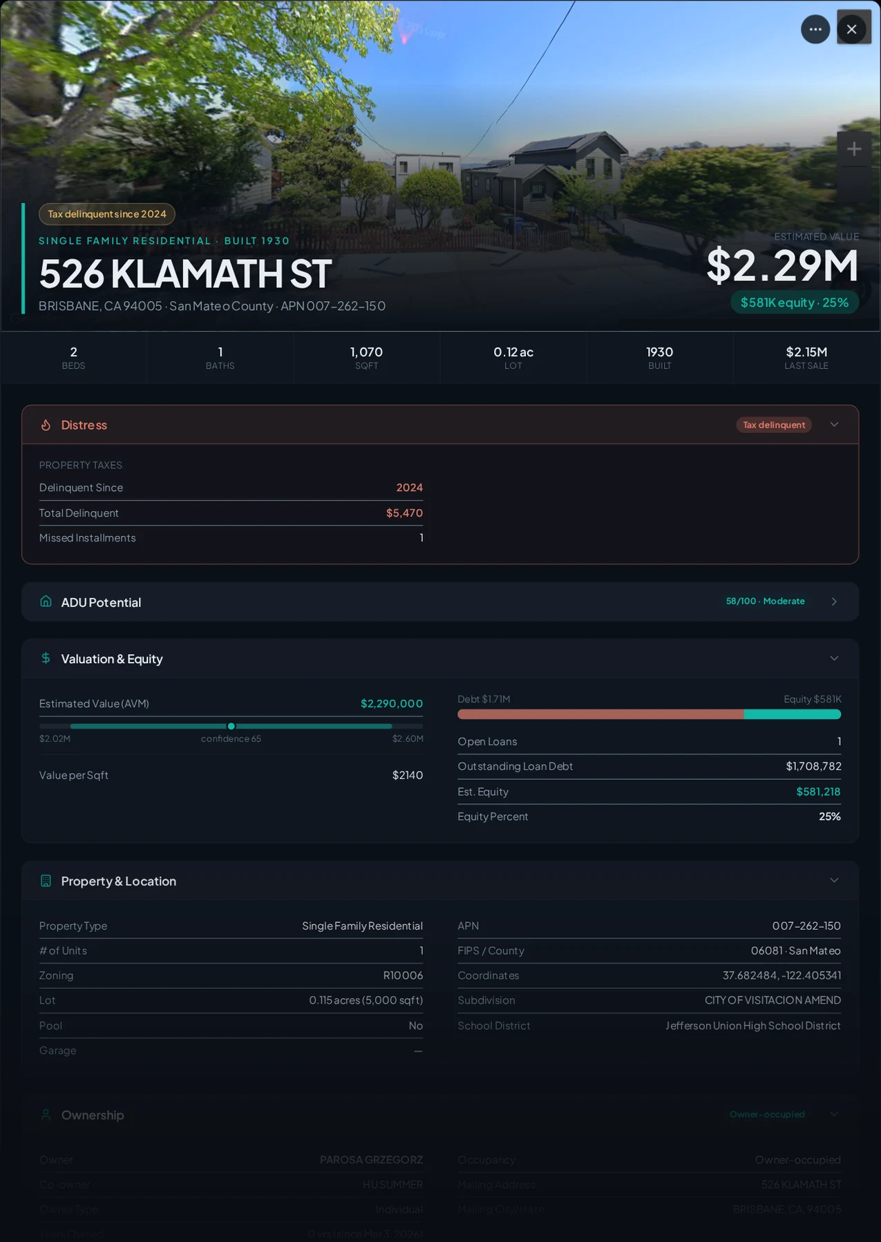 A real Brisbane, California tax-delinquent property record in Properant — unpaid taxes, liens, owner, loans and equity on one page
