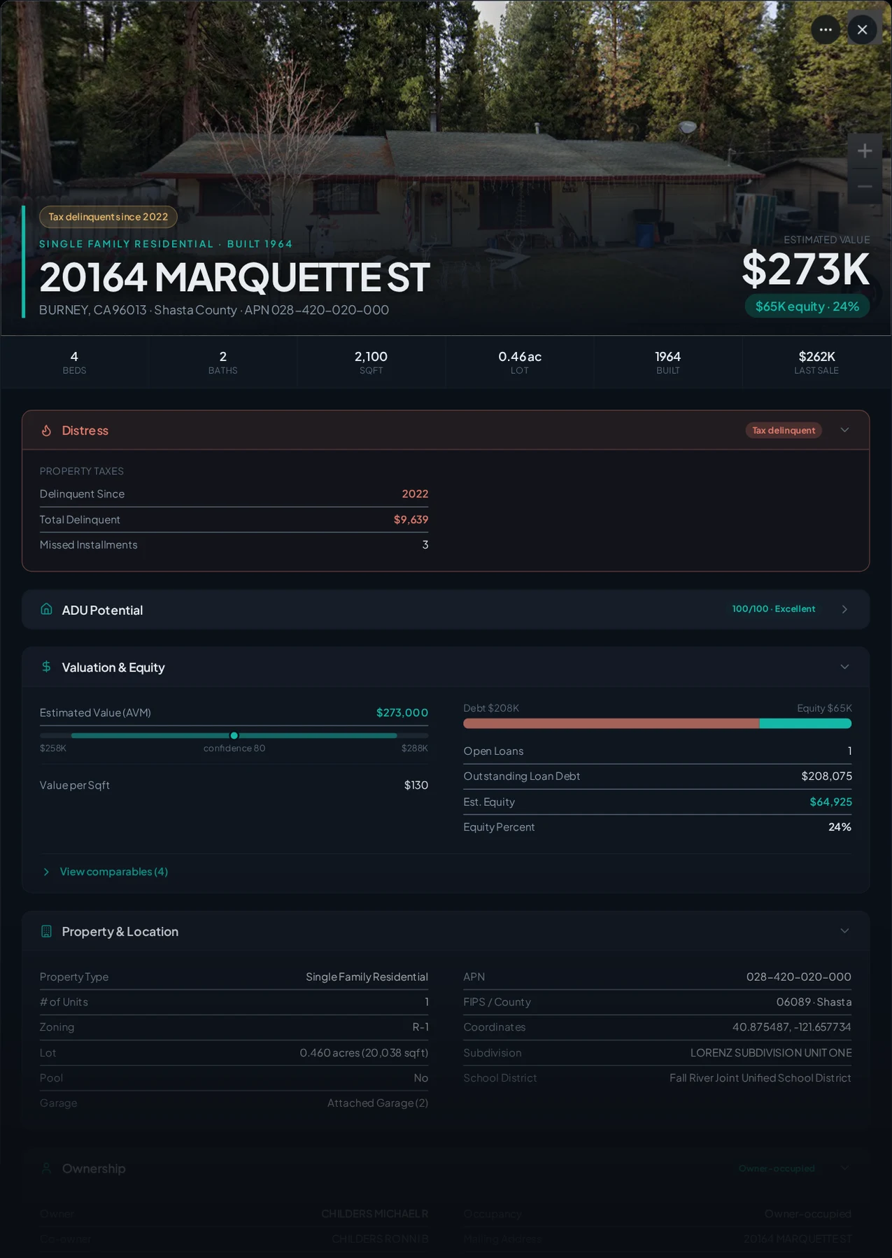 A real Burney, California tax-delinquent property record in Properant — unpaid taxes, liens, owner, loans and equity on one page