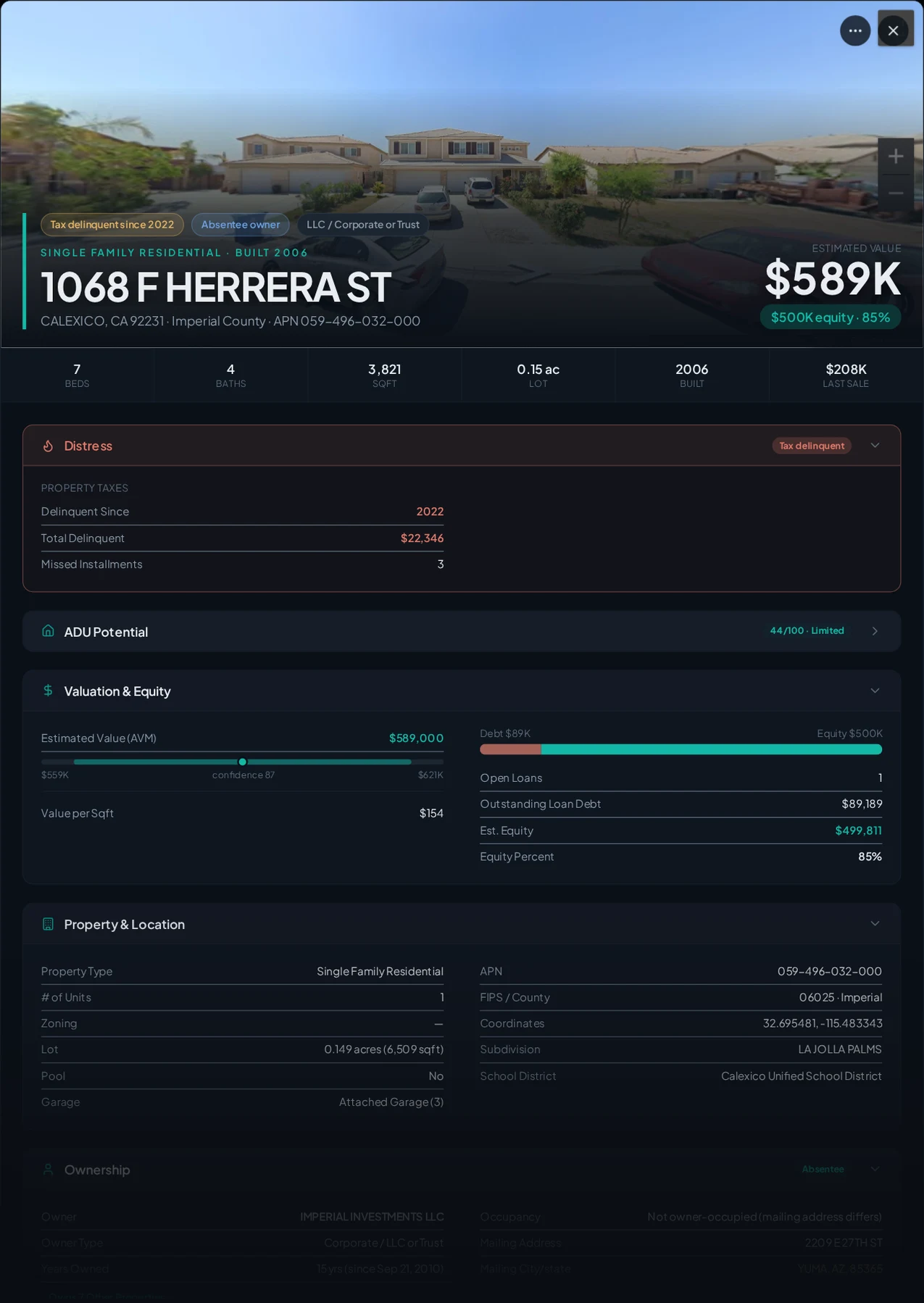 A real Calexico, California tax-delinquent property record in Properant — unpaid taxes, liens, owner, loans and equity on one page