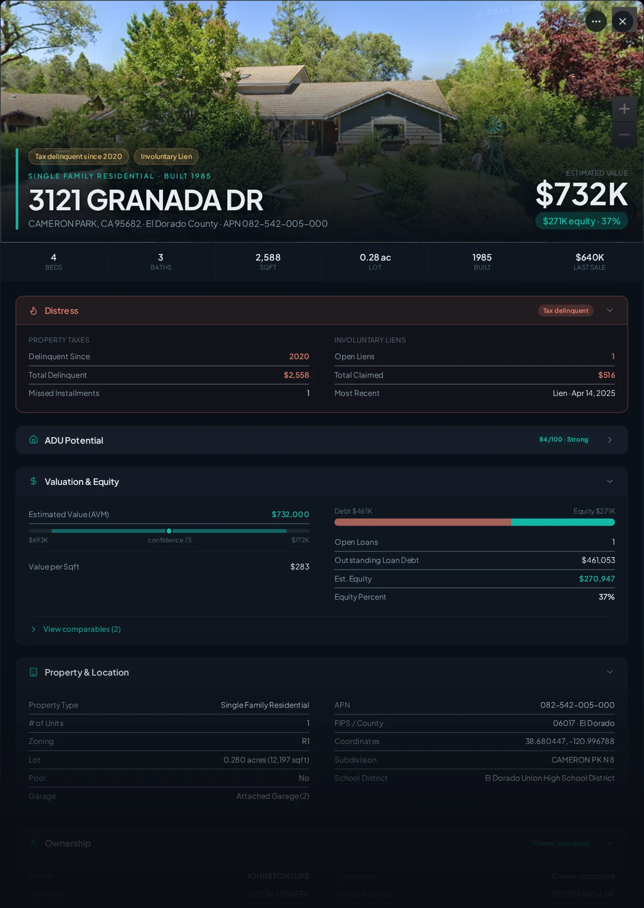 A real Cameron Park, California tax-delinquent property record in Properant — unpaid taxes, liens, owner, loans and equity on one page