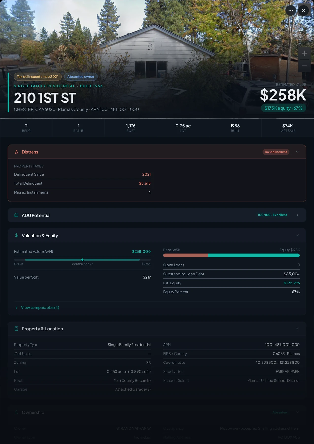 A real Chester, California tax-delinquent property record in Properant — unpaid taxes, liens, owner, loans and equity on one page