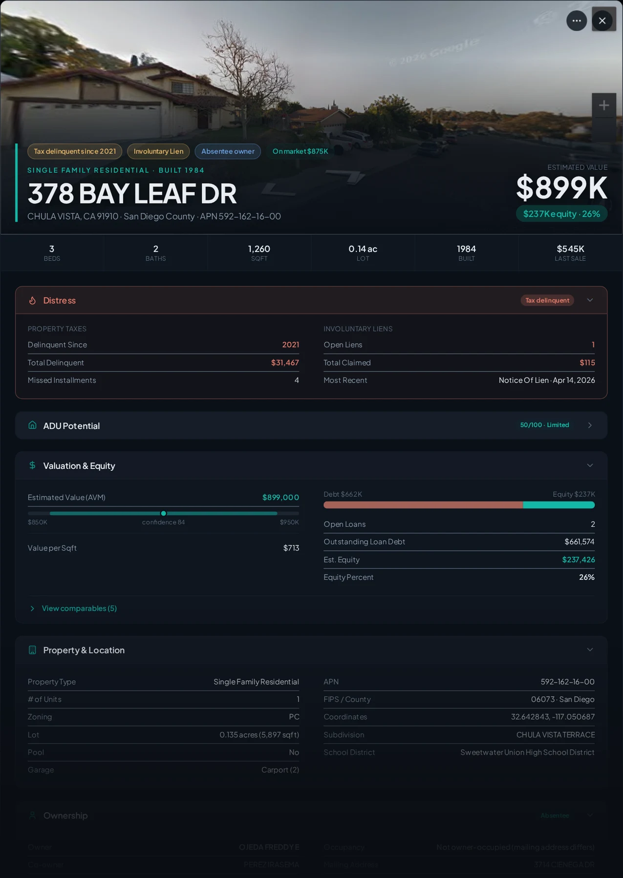 A real Chula Vista, California tax-delinquent property record in Properant — unpaid taxes, liens, owner, loans and equity on one page