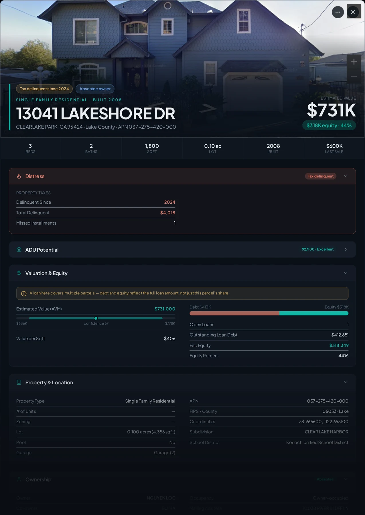 A real Clearlake Park, California tax-delinquent property record in Properant — unpaid taxes, liens, owner, loans and equity on one page