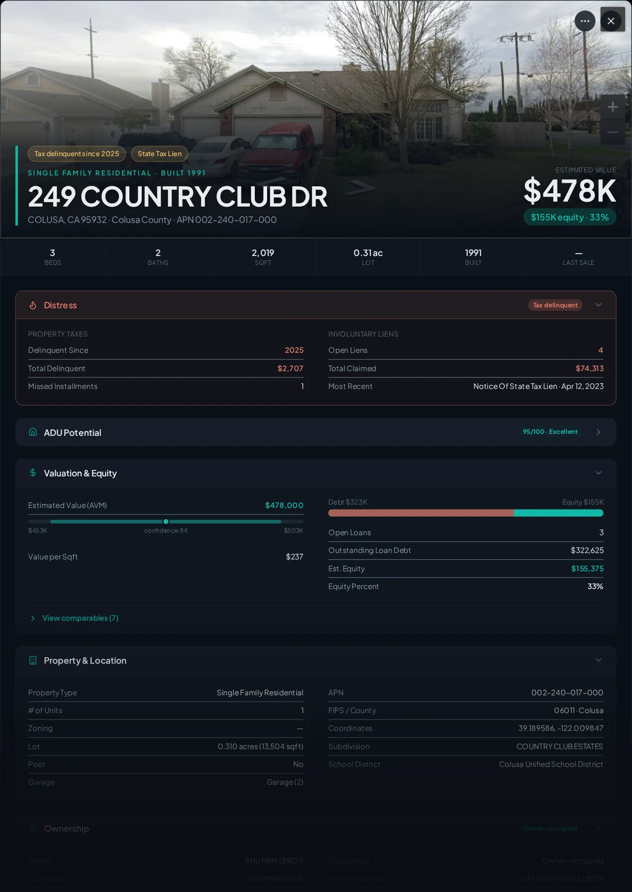 A real Colusa County tax-delinquent property record in Properant — unpaid taxes, liens, owner, loans and equity on one page