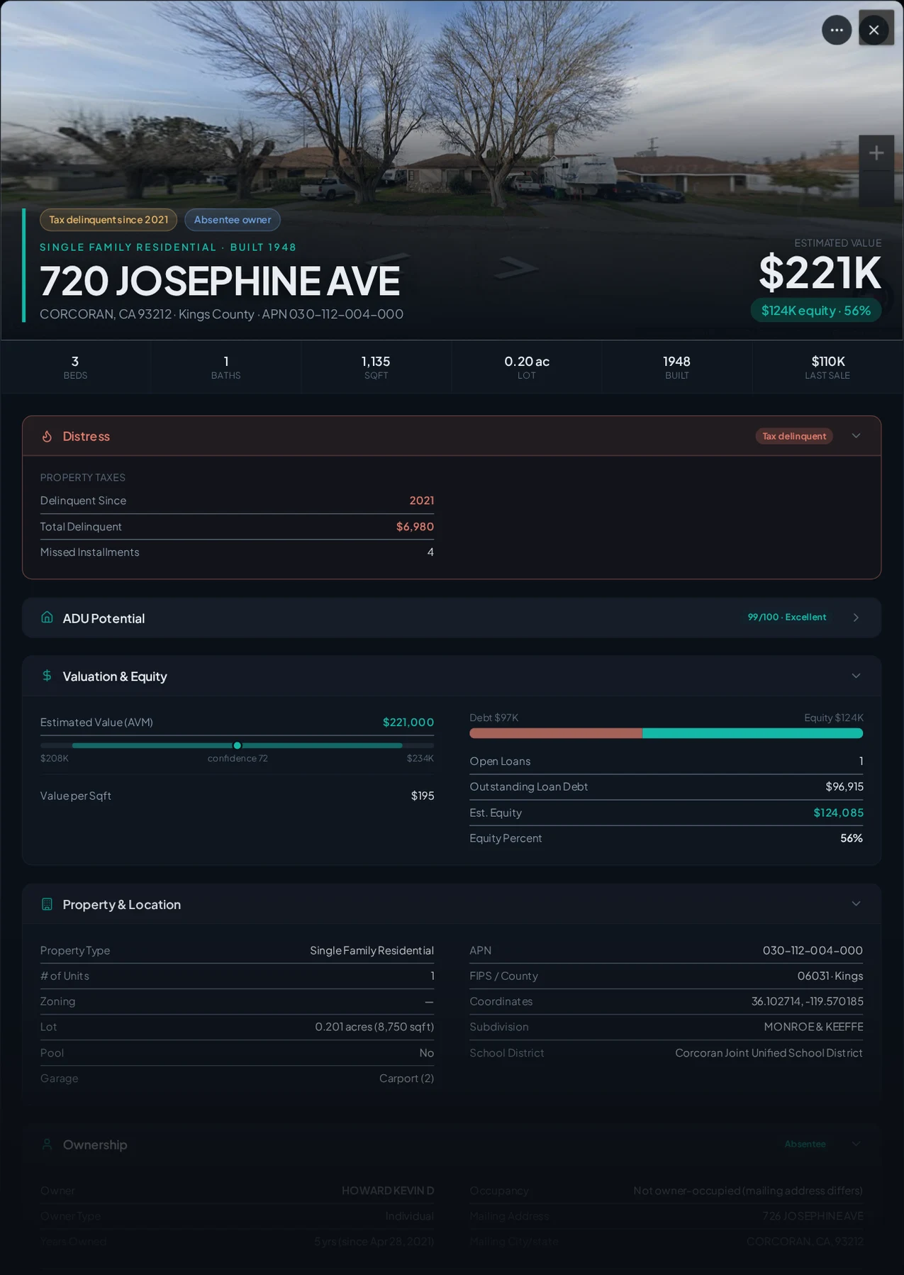 A real Corcoran, California tax-delinquent property record in Properant — unpaid taxes, liens, owner, loans and equity on one page