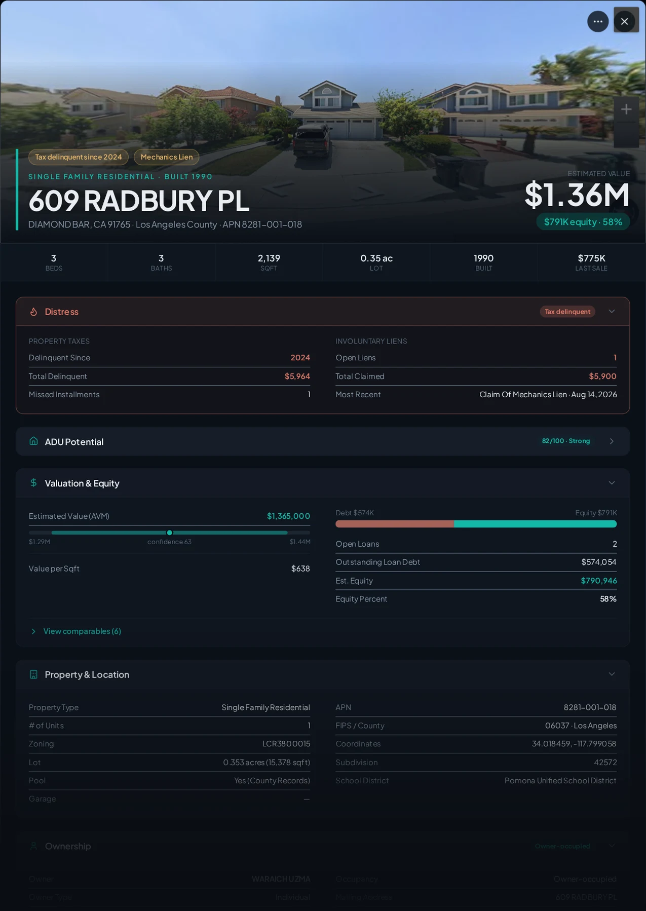 A real Diamond Bar, California tax-delinquent property record in Properant — unpaid taxes, liens, owner, loans and equity on one page