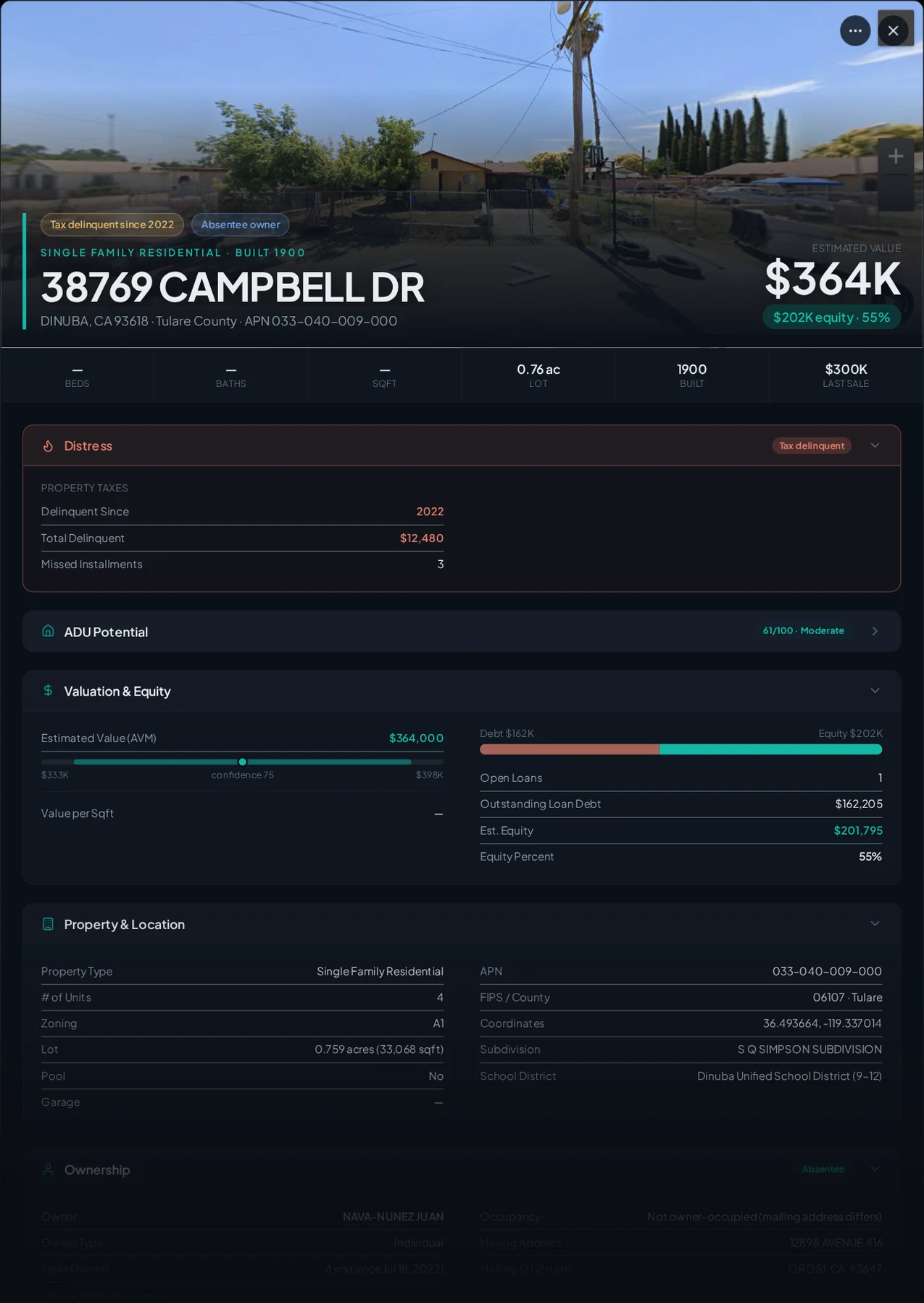 A real Dinuba, California tax-delinquent property record in Properant — unpaid taxes, liens, owner, loans and equity on one page