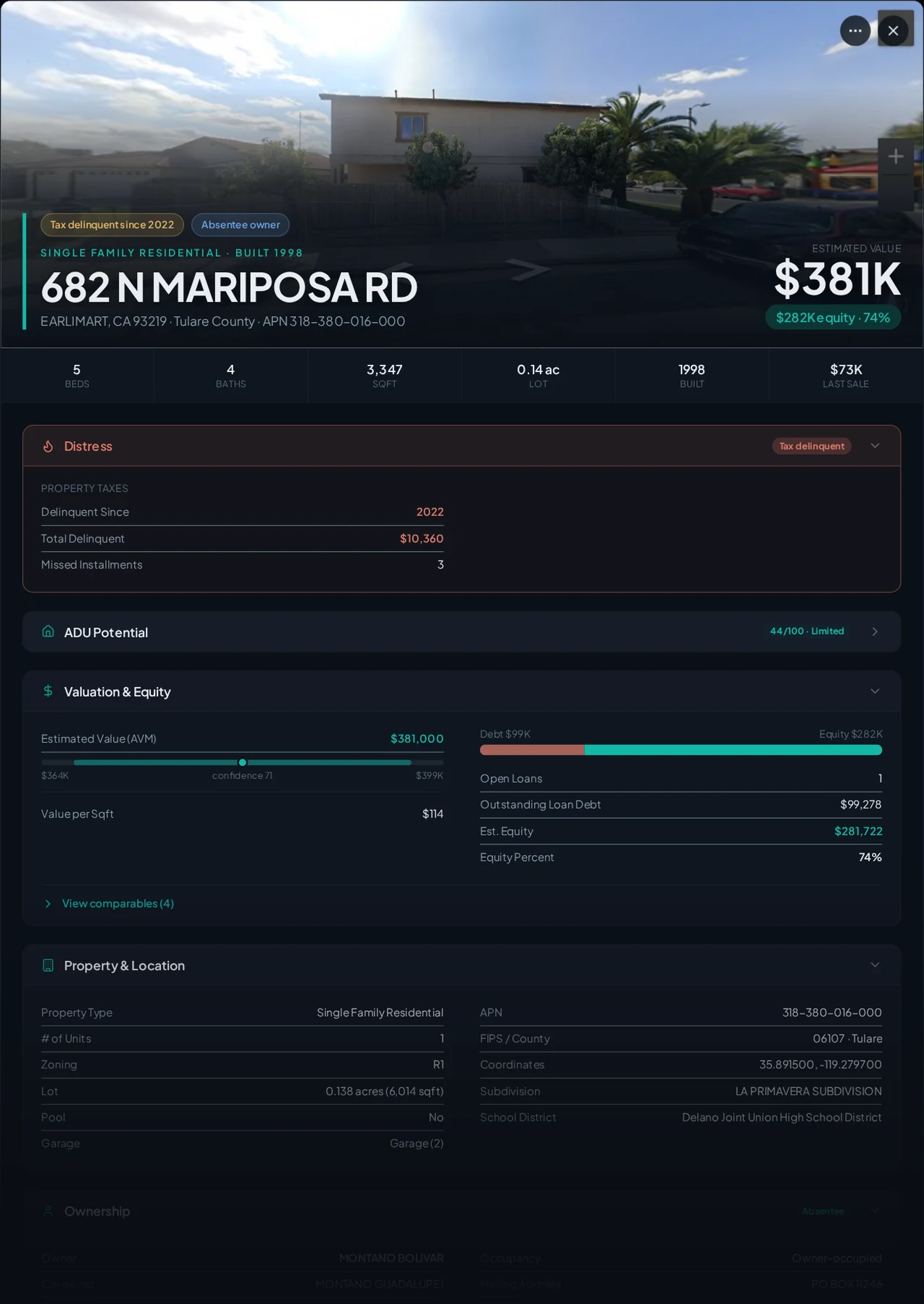 A real Earlimart, California tax-delinquent property record in Properant — unpaid taxes, liens, owner, loans and equity on one page
