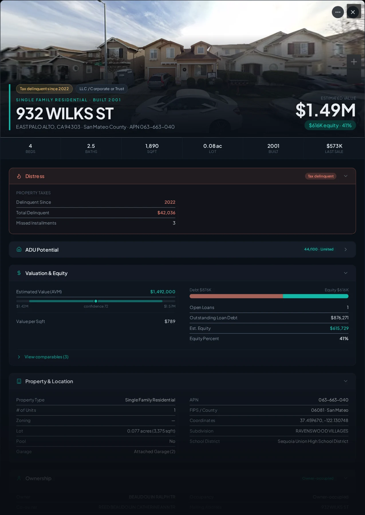 A real East Palo Alto, California tax-delinquent property record in Properant — unpaid taxes, liens, owner, loans and equity on one page