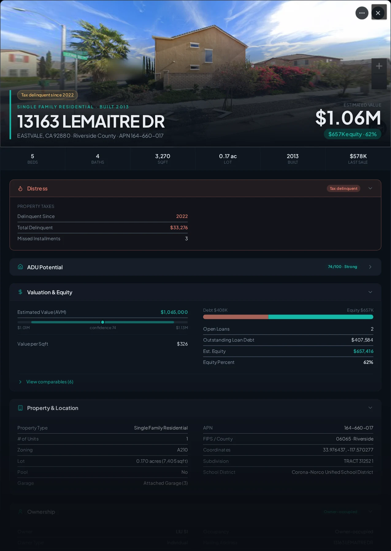 A real Eastvale, California tax-delinquent property record in Properant — unpaid taxes, liens, owner, loans and equity on one page