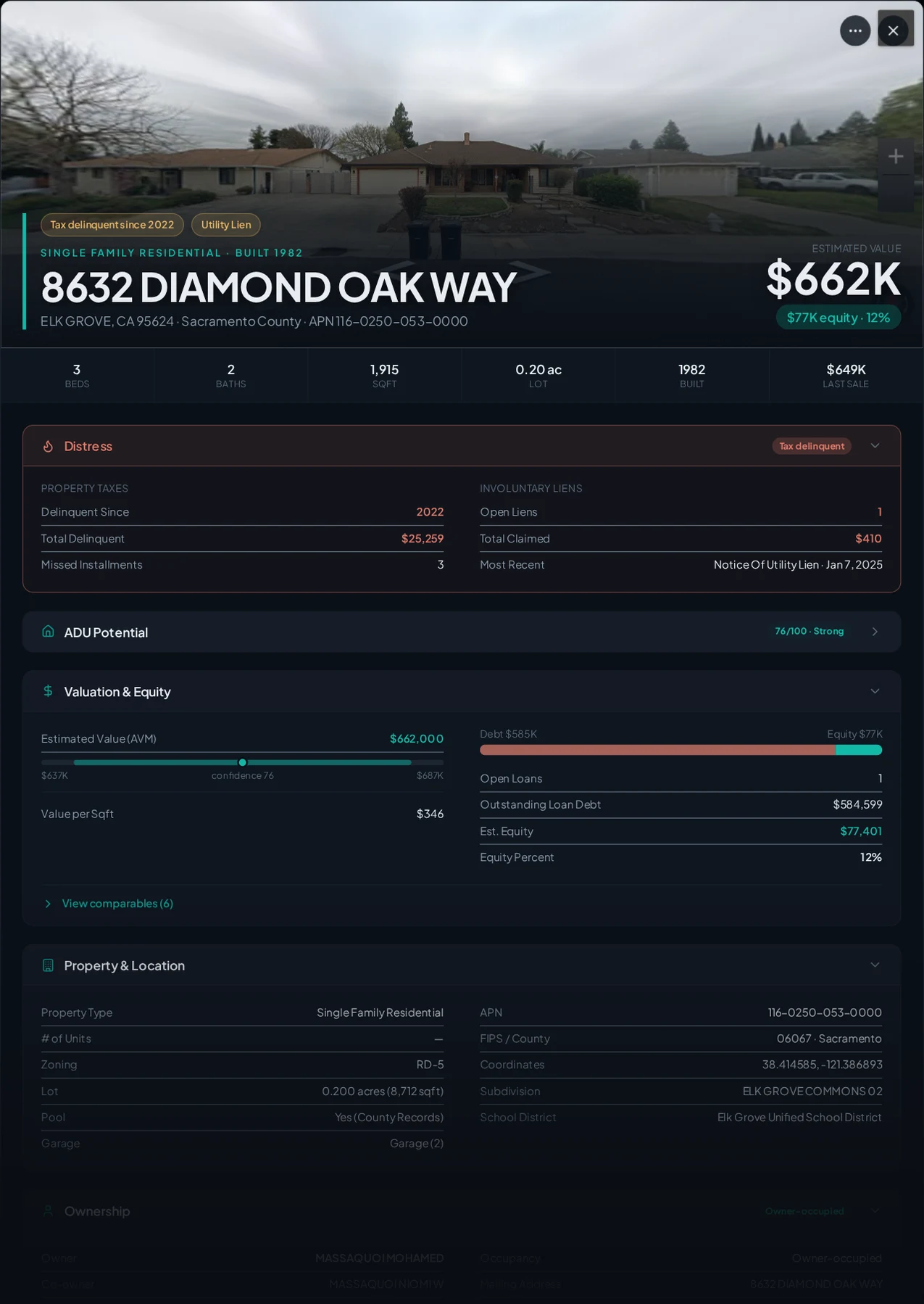 A real Elk Grove, California tax-delinquent property record in Properant — unpaid taxes, liens, owner, loans and equity on one page